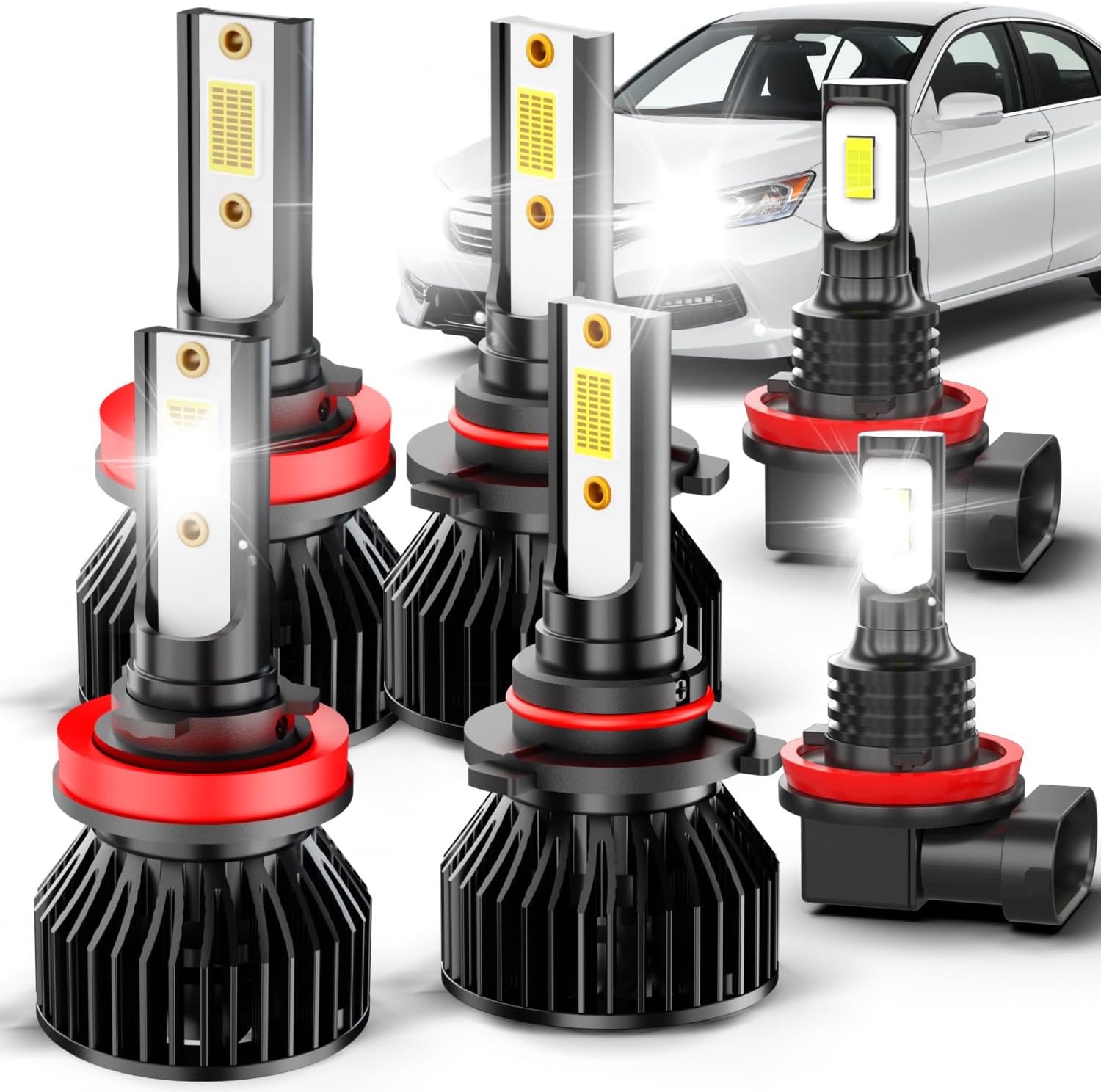 Fit For Honda Accord (2008-2015) led Foglight bulbs, 9005+H11 High & Low Beam Bulbs+H11 led fog light bulb,500% Brightness, 6000K Eye-Protection White,Plug and play, IP68,with Fan,No Errors, 6-Pack