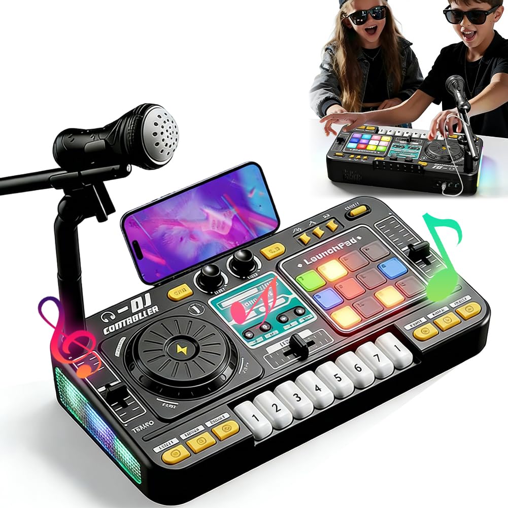 DJ mixer bambini 3-10 anni, controller DJ con microfono e luci LED, 100+ effetti sonori, tastiera piano, batteria, giocattolo regalo per principianti DJ ragazzi ragazze
