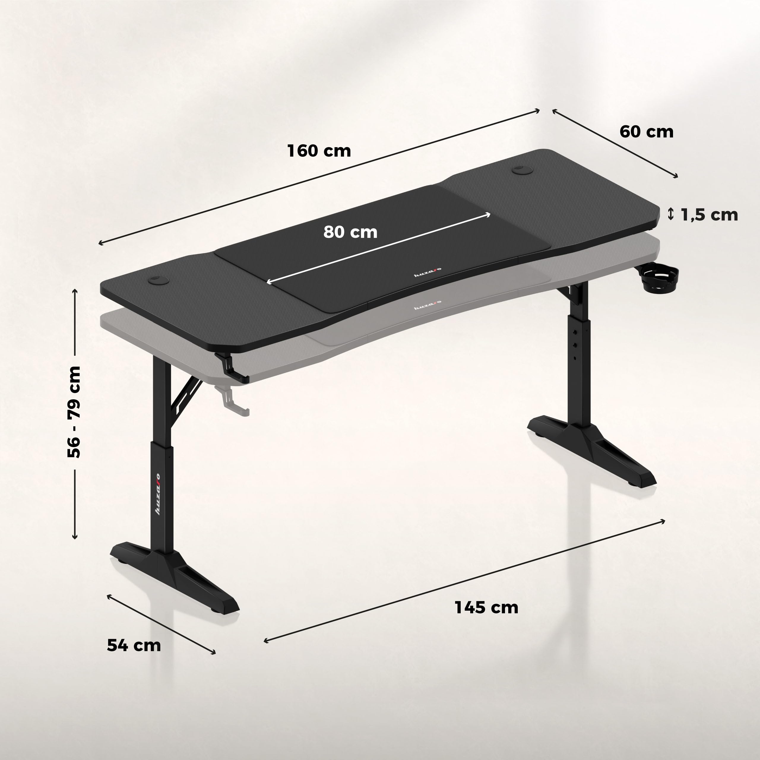 huzaro Hero 4.6 - Mesa para videojuegos (altura regulable, escritorio de 160 x 60 cm, superficie de carbono, gestión de cables, soporte para bebidas y soporte para auriculares, mesa para PC, oficina