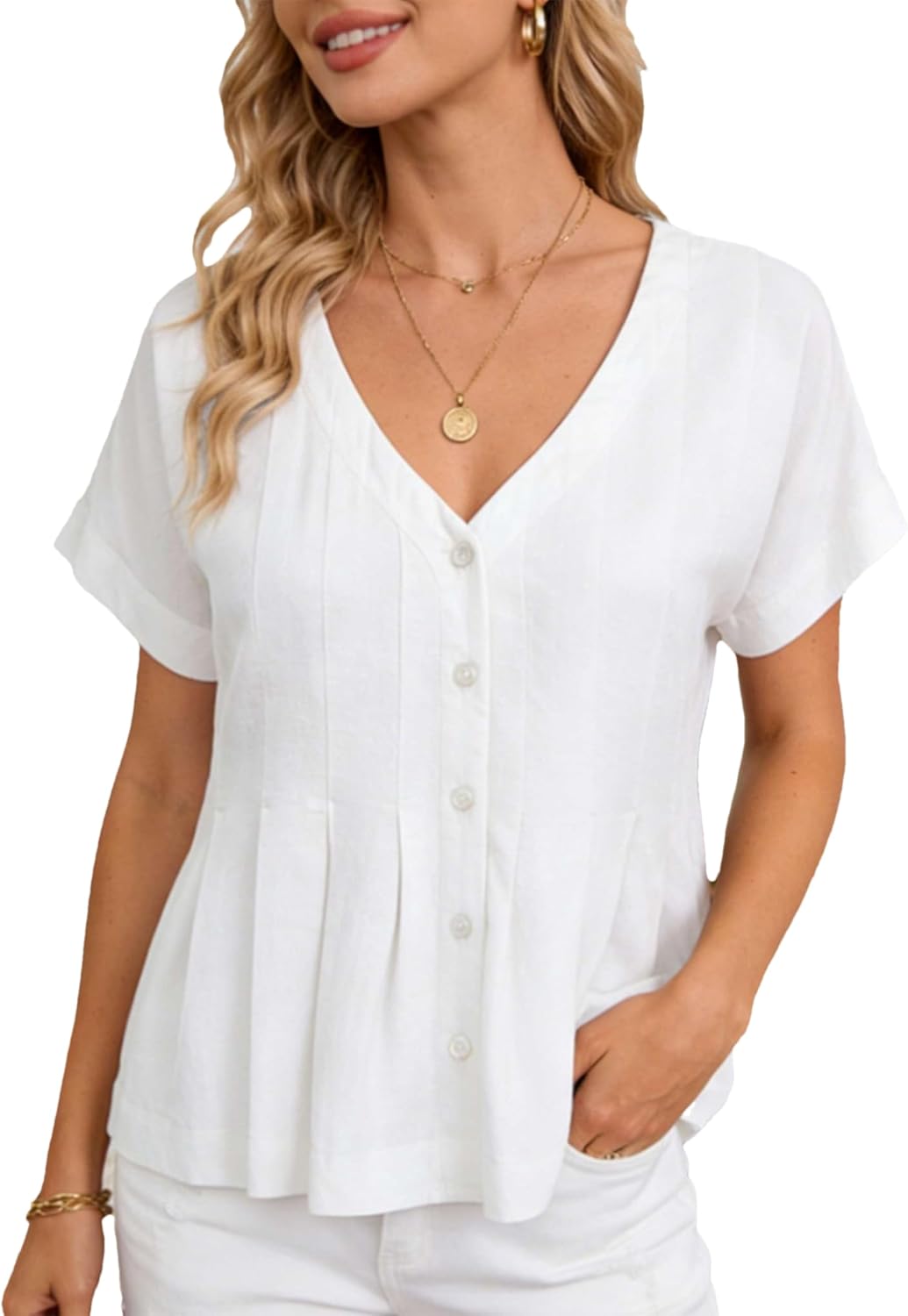 Women's Summer V Neck Linen Short Sleeve Button Down Pleated Blouse Loose Fit Casual Shirt for Office Vacation