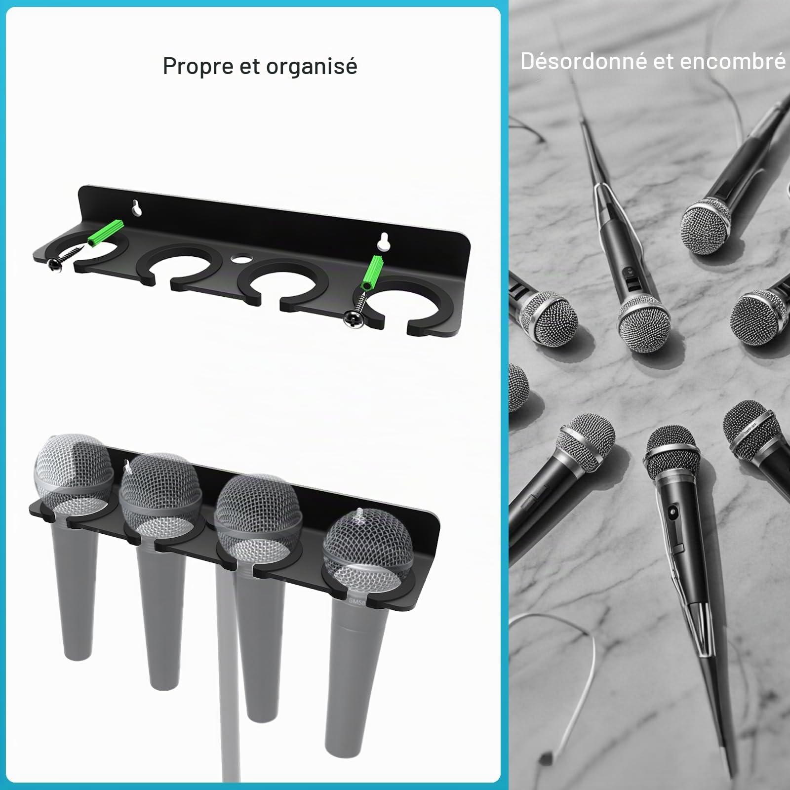 [Mise à niveau 2026] Support de microphone multiple pour support de micro organisateur de rangement pour plusieurs micros dynamiques portables filaires et sans fil Support mural ou rembourrage