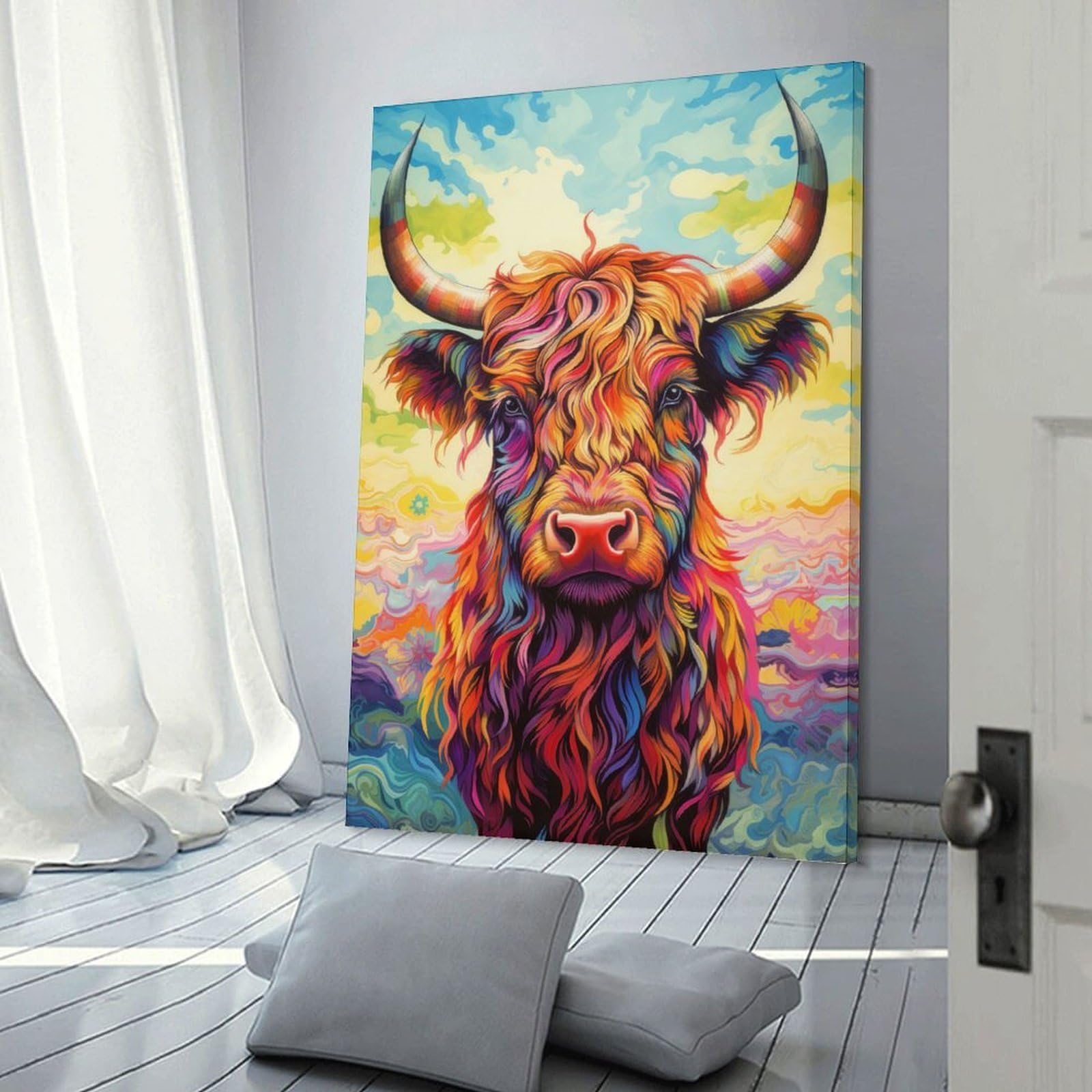 Junmoney Frame-Style-24 Colorful Highland Cow Canvas Wall Picture, 24X36inch(60X90cm), For Study, Office Or Focused Interiors, Home Office Artwork With Decorative Appeal