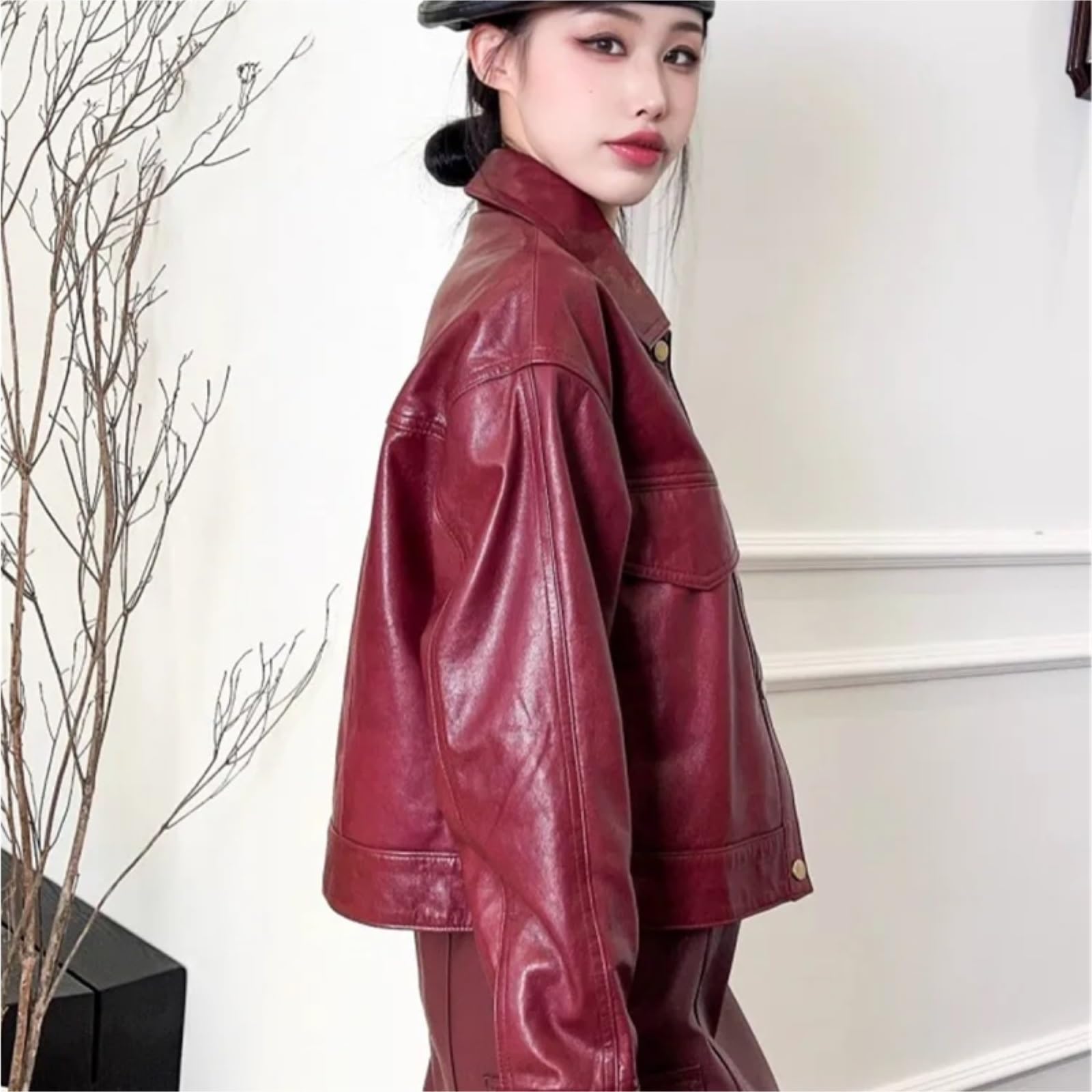 Chaqueta Cuero Mujer Chaqueta de cuero genuino estilo motociclista for mujer, un solo pecho, holgada, con protección contra el aceite y la cera Para salir