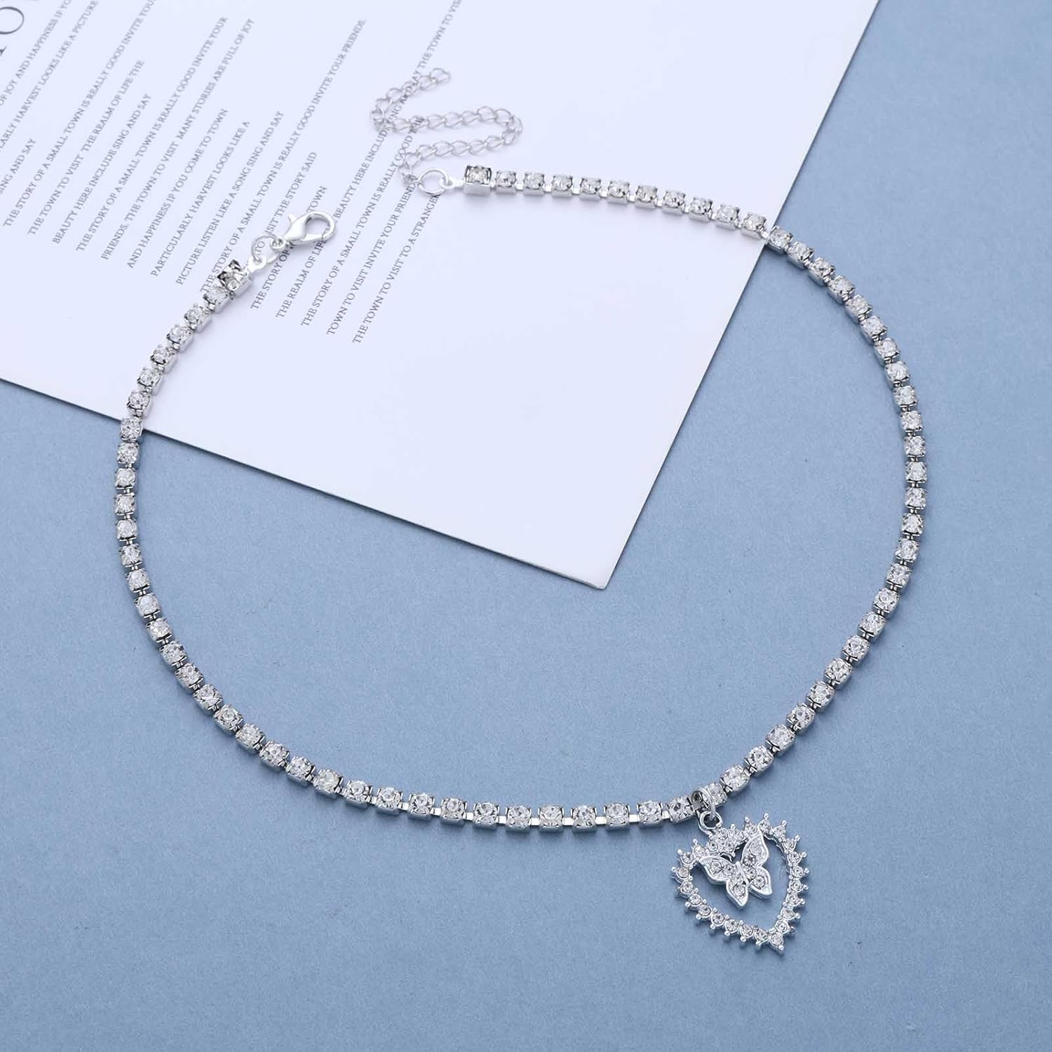 Boho Crystal Tennis Choker Necklace Vintage Crystal Cz Heart Necklace Rhinestone Butterfly Pendant Necklaces Choker Sparkly Love Heart Necklaces Chain for Women - Image 3