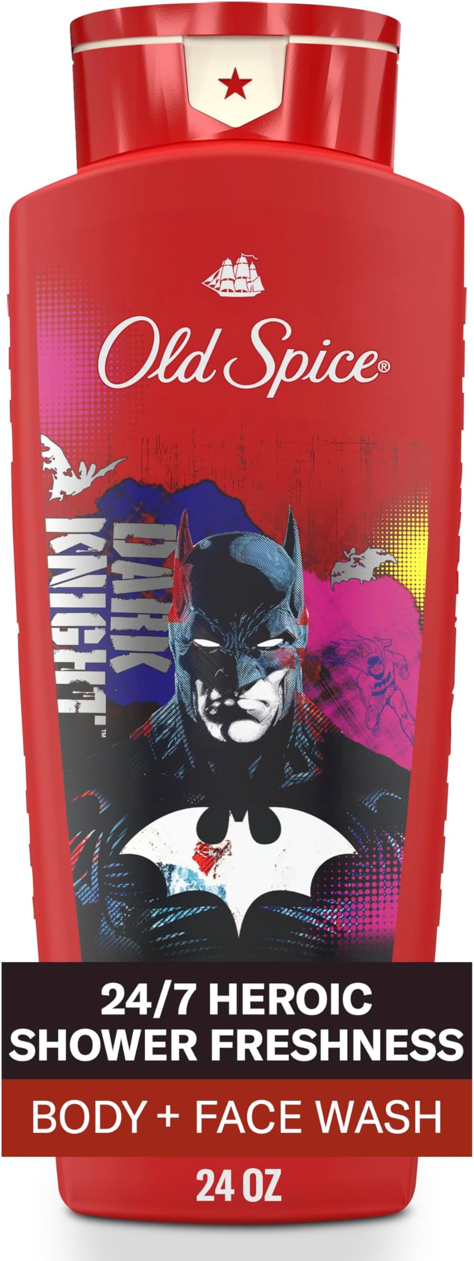 Cleansing Body Wash for Men, 3X Defense, 24/7 Shower Fresh with Lasting Scent, 2-in-1 Body & Face Wash, Smell Like a Hero, Batman, Black Cherry and Nightfall Scent, 24 oz