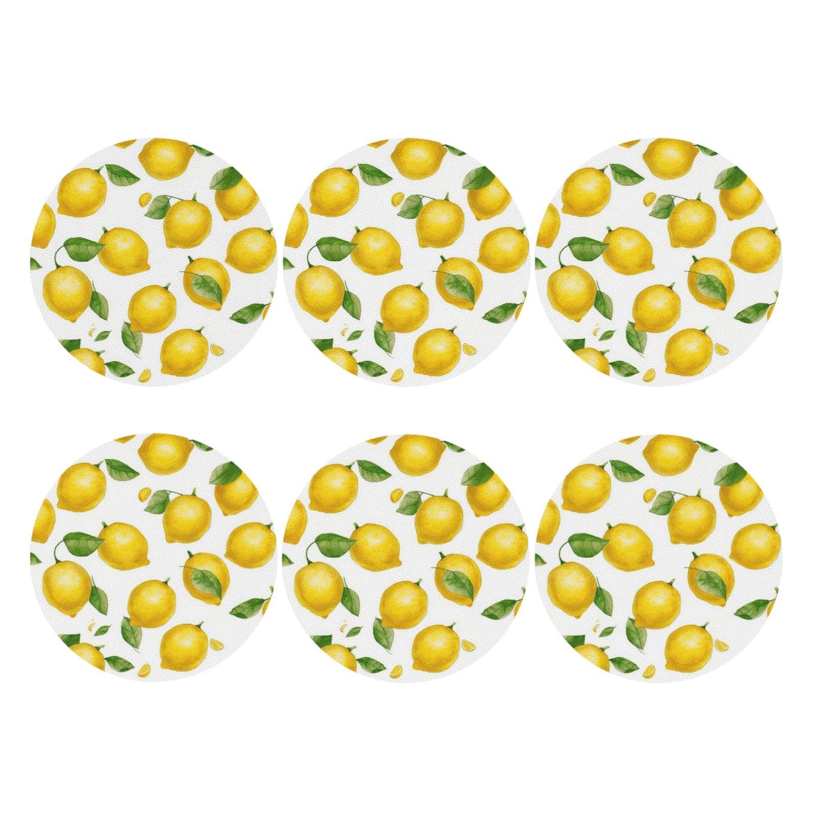 6pcs Leather Coasters for Drinks, Yellow Lemon Drink Coasters for Tabletop Protection, 4" Cup Coasters for Coffee Table Decor, Non-Slip Drinking Cup Mat for Hot Or Cold Drink