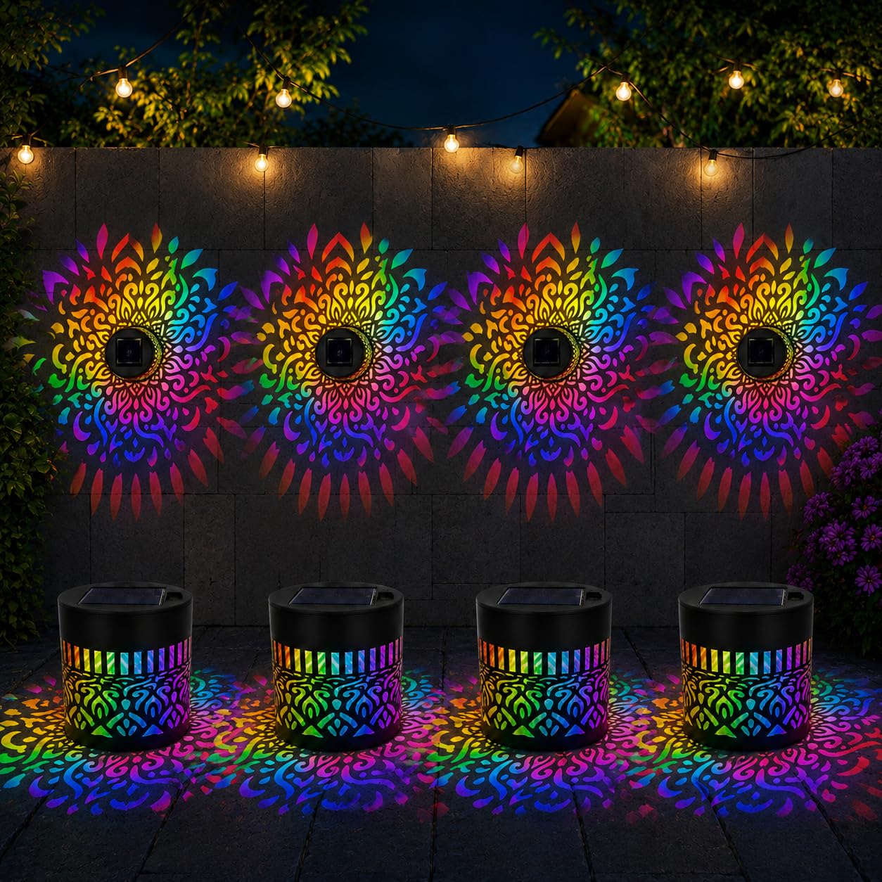 Solar Fence Lights,7-Color Gradient Solar Wall Lights,Outdoor Solar Wall Light, Outdoor Decorative Projection Light,Waterproof,Metal Light Suitable for Backyard Posts,Patio,Garden,Balcony (4-Pack)