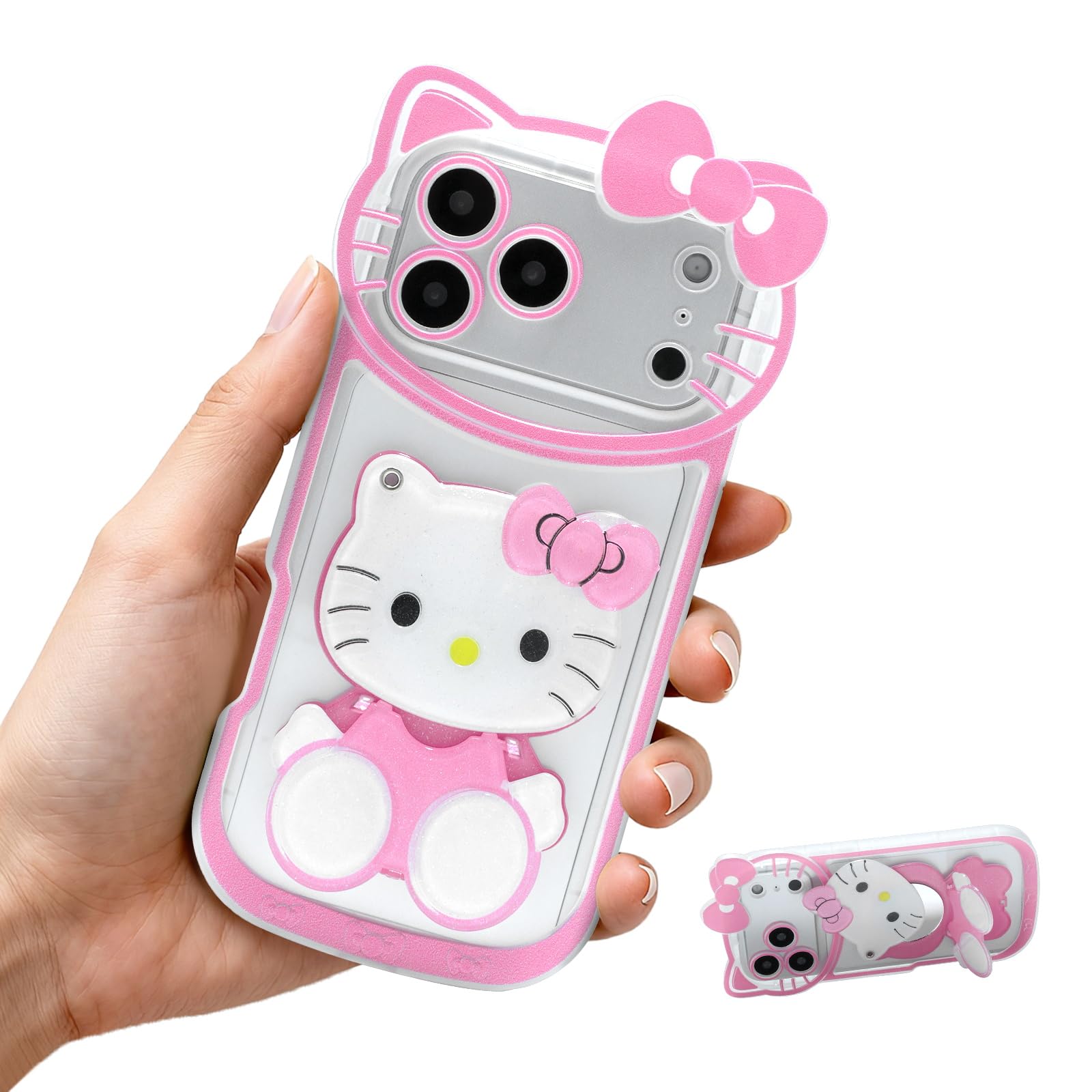 Cartoon Case for iPhone 13 Pro Max 6.7'', Cute Cat Phone Holder Stand with Makeup Mirror, Kawaii Phone Cases, Funny Cool Unique Protective Cover for Women Teen Girls Kids