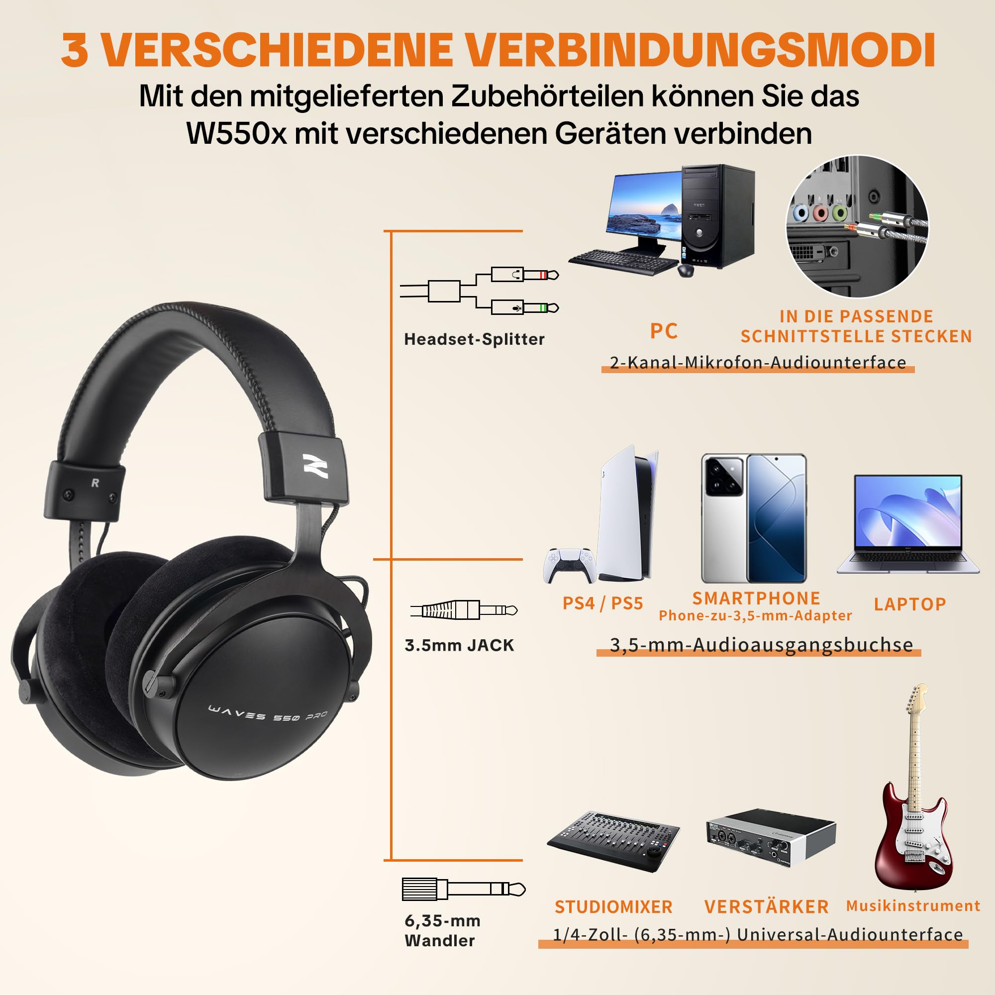 talomen W550X Studio-Kopfhörer, Geschlossen, Over-Ear, mit Leder- & Velourpolstern, abnehmbaren Kabeln, ideal für Recording, Mixing, Mastering, DJ-Monitoring und Gaming