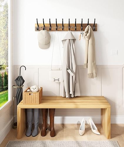 Miniatura 3 de Perchero de 32.3 pulgadas para montaje en pared, perchero con 10 ganchos de metal resistentes y madera real marrón, paquete de 2 percheros para