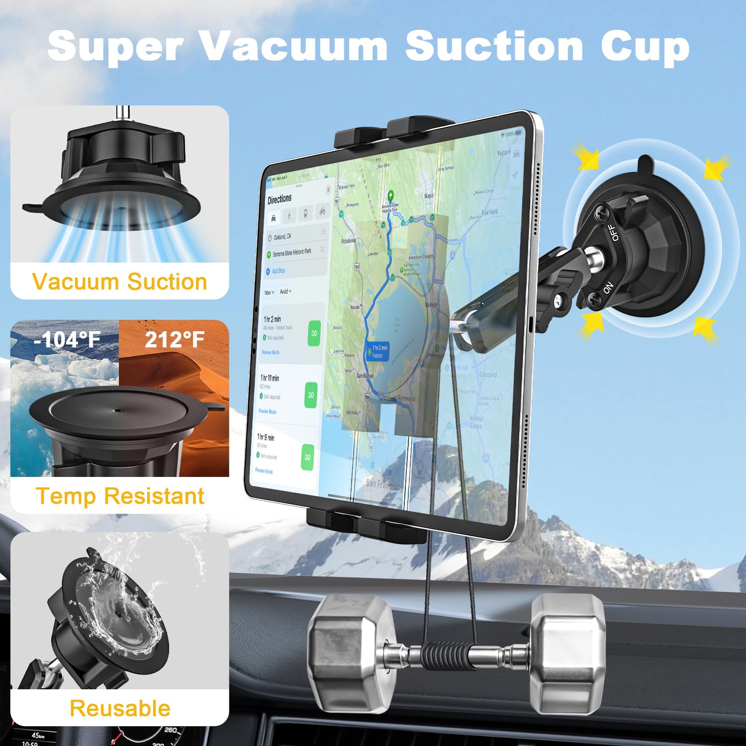 Soporte Tablet Coche con Ventosa Ultra Fuerte - Montaje en Salpicadero y Parabrisas, Metálico Soporte Camión Vehículo Compatible con iPad Pro/Air/Mini, Galaxy Tab/Z Fold, Kindle Fire, Móvils, 4-13"