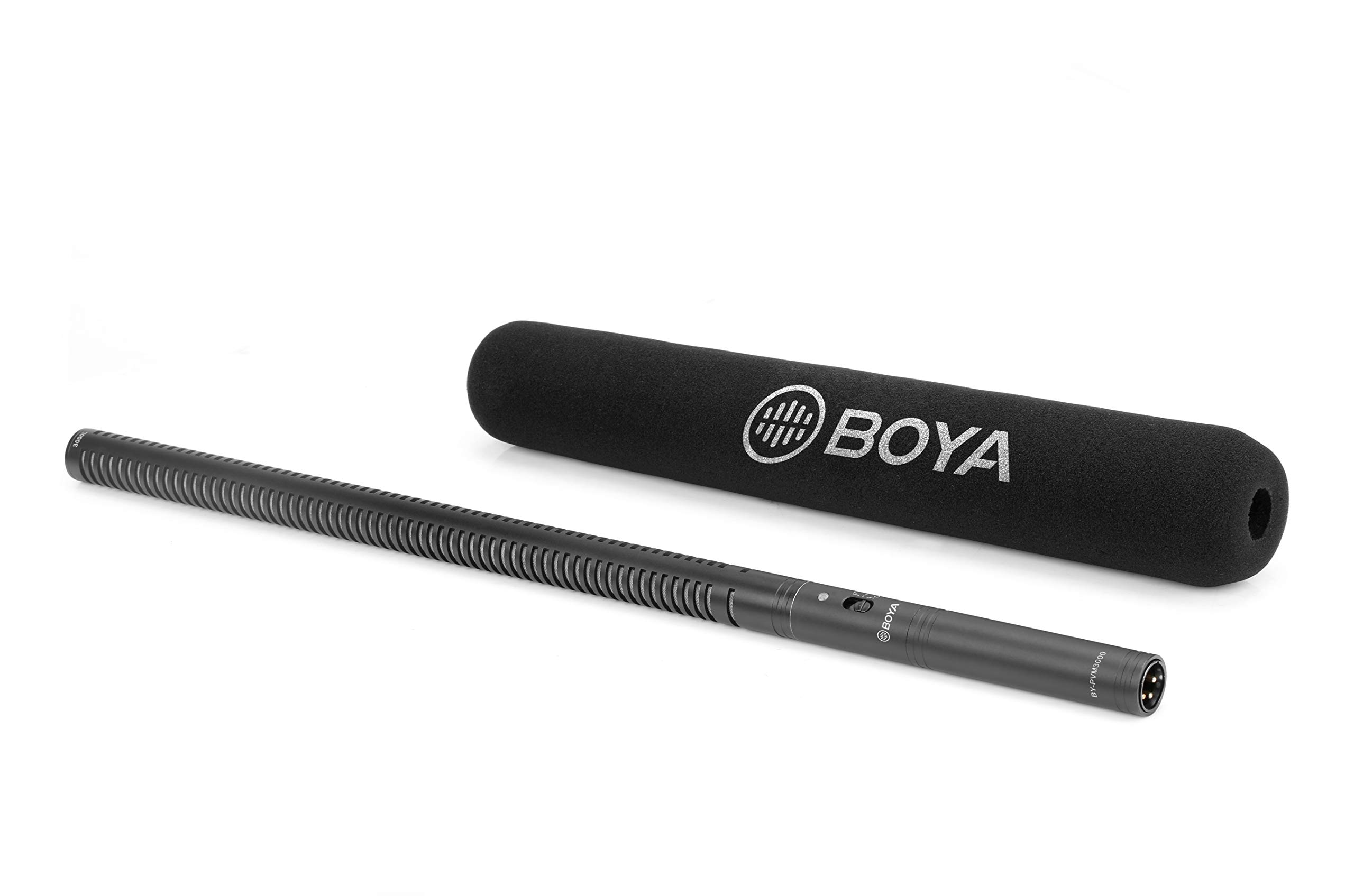 BOYA BY-PVM3000L Long Supercardioid Shotgun Microphone 48v or AA w/Shock Mount, Foam & Fur Windscreens, Black