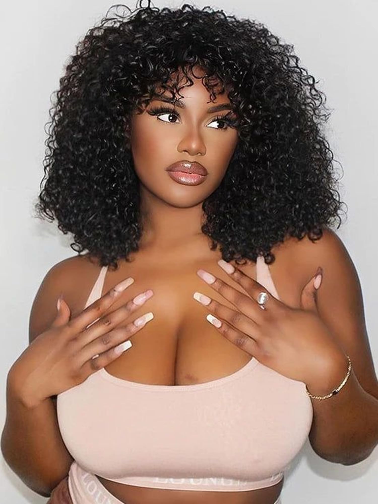 pelucas de pelo humano rizado curly wigs curly bob human hair wigs with Fringe Peluca de cabello humano con flequillo no lace front Pelucas cortas y rizadas de cabello humano con Frange 14 pulgadas