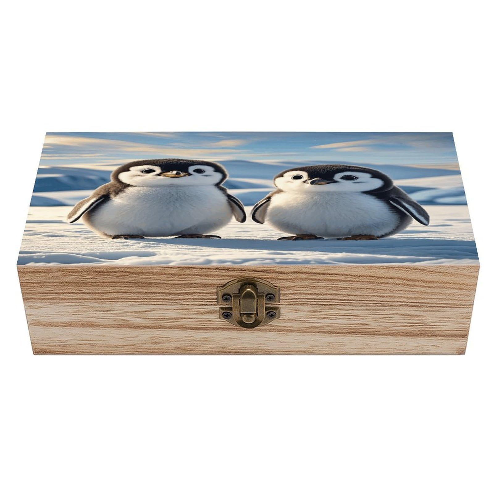FekiLoot Cute Penguins Wooden Jewelry Box Personalized Wood Keepsake Box Large Decorative Wooden Storage Boxes with Hinged Lid Rustic Style Wood Jewelry Organizer for Desk Home Office
