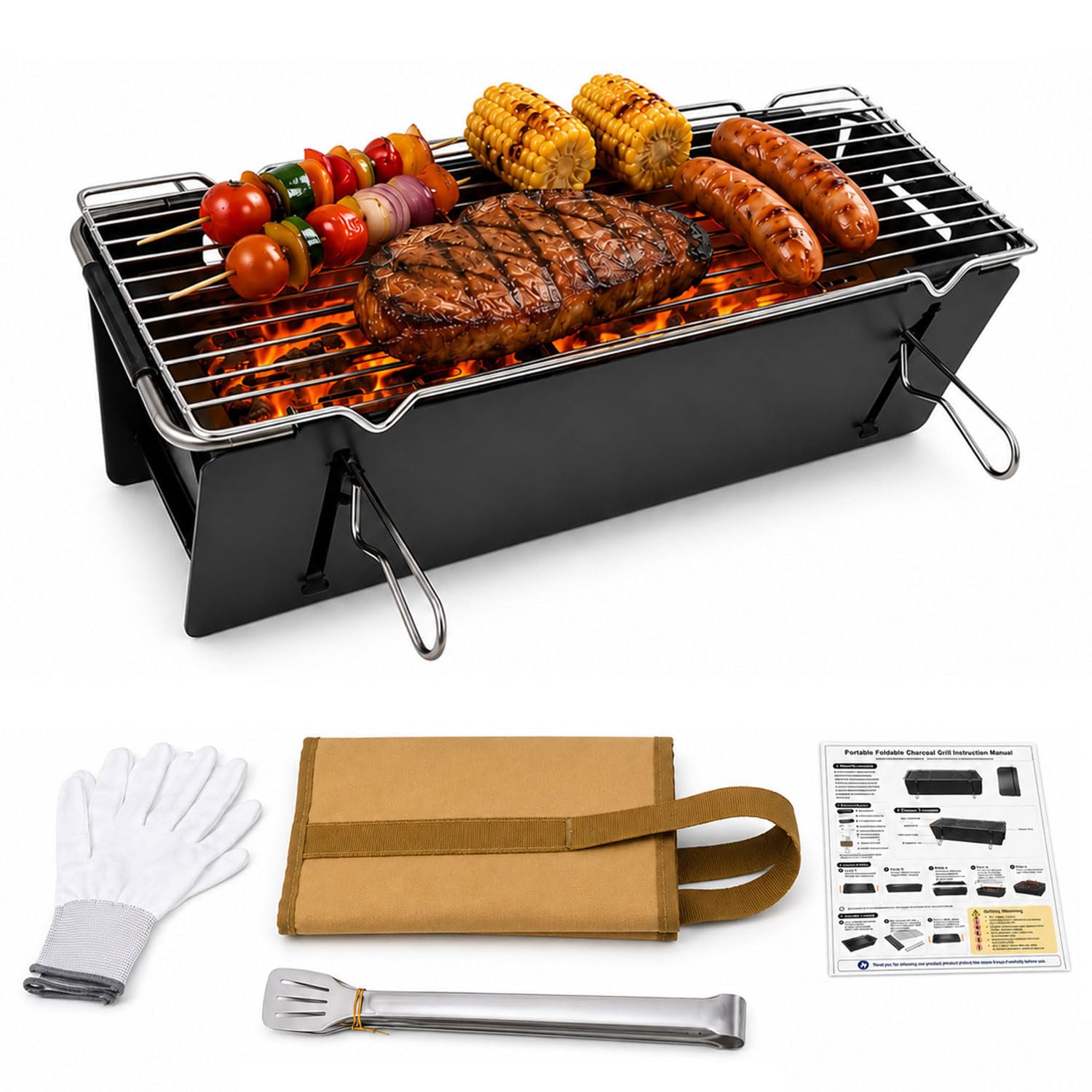 RIIGOOG Portable Charcoal BBQ Grill, Small Foldable Camping Barbecue
