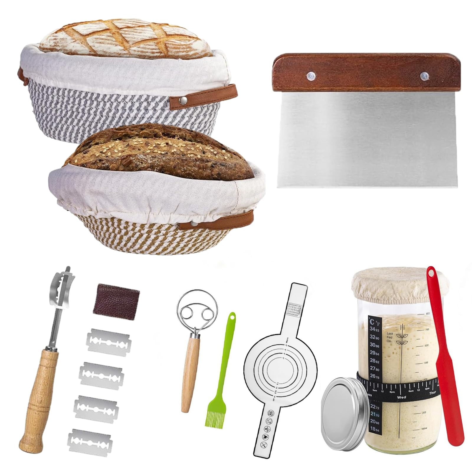 Gärkörbchen Starterset,Sauerteig Starter Set,Gärkorb Brot Set,Brotgärkörbchen,Brotbacken Startver Set,Gärkörbchen aus Baumwollseil,Sauerteig Starterglas mit Backzubehör