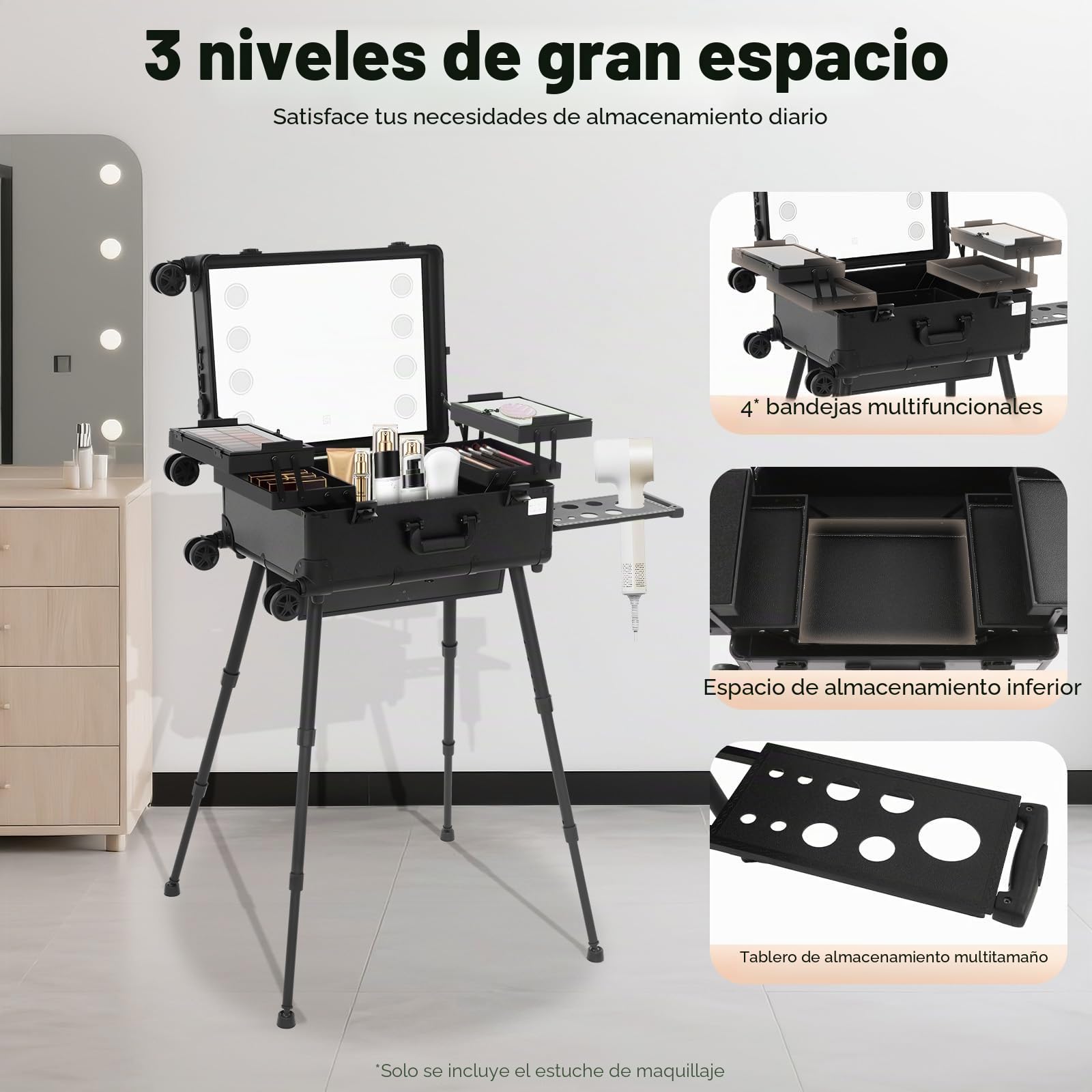 Maletín de maquillaje con 4 ruedas, estuche de belleza, maletín de peluquería, joyero, profesional, estación de maquillaje ajustable, tocador, esteticistas, maletín de aluminio, llaves, iluminación