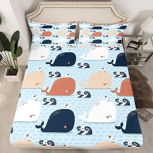 Erosebridal Juego de sábanas bajeras de ballena para niños, tamaño individual, juego de sábanas de gaviota de ballena Kawaii para niños y niñas,