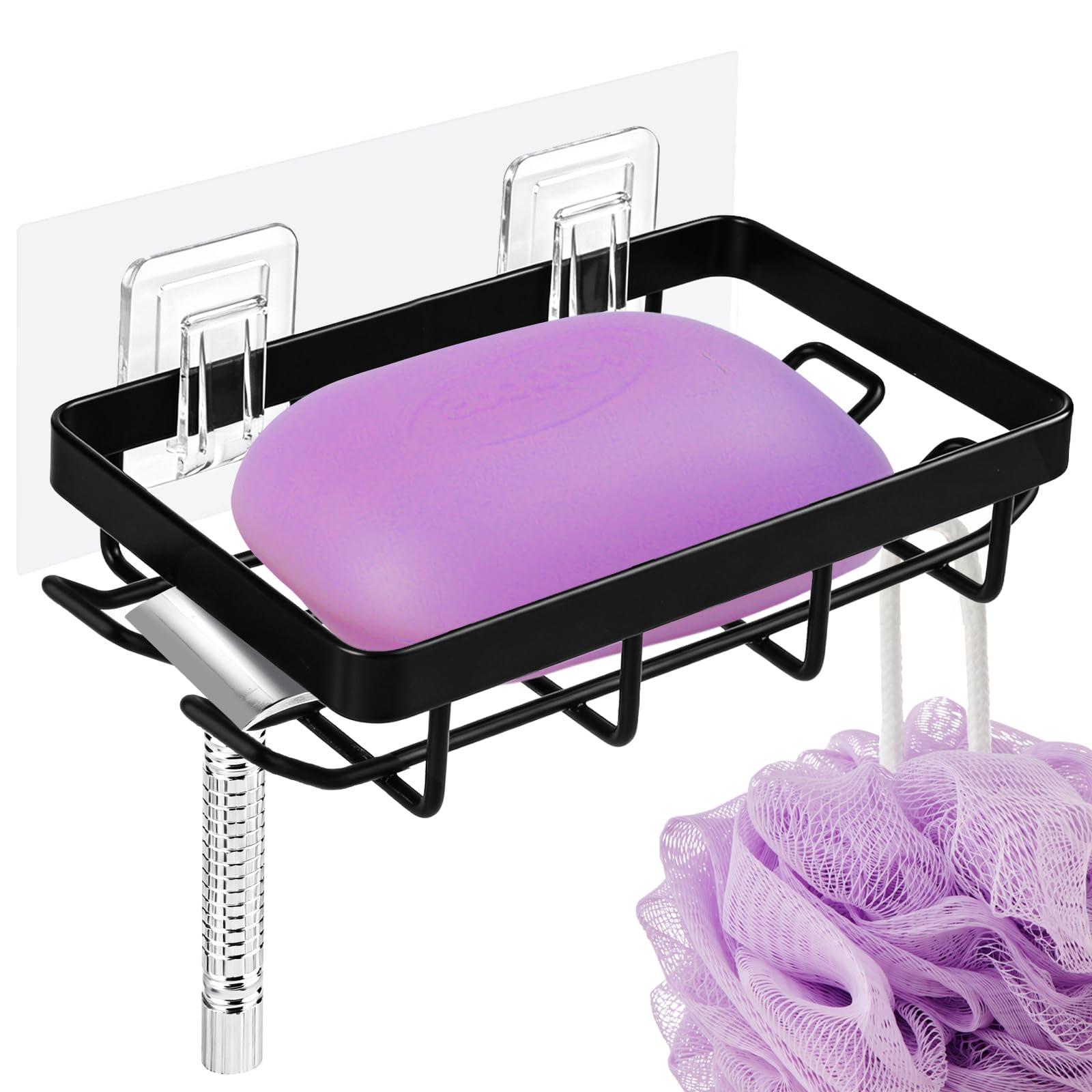Soap Dish, Soap Holder with 4 Hooks, Adhesive Wall Mount Soap Tray, Rustproof Stainless Steel Soap Dish for Shower Bathroom Kitchen, Black