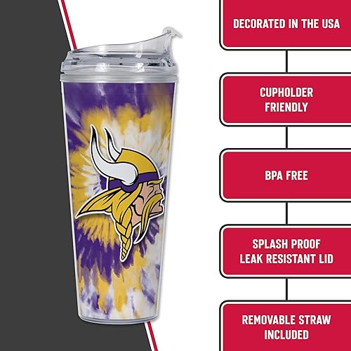 Miniatura 274 de Rico Industries NFL - Vaso de purpurina acrílica de 24 onzas con tapa con bisagras, vaso de doble pared con licencia oficial y popote Tie Dye