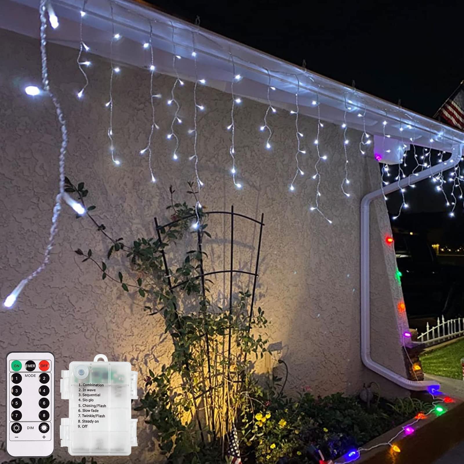 DreiWasser Icicle Fairy Lights Christmas Icicle Lihts Battery Powered,2M 102 LED Christmas Fairy Roof Light with 8 Modes 18 Drops for Party,Timer with Remote Wedding, Garden Decoration (Cool White)