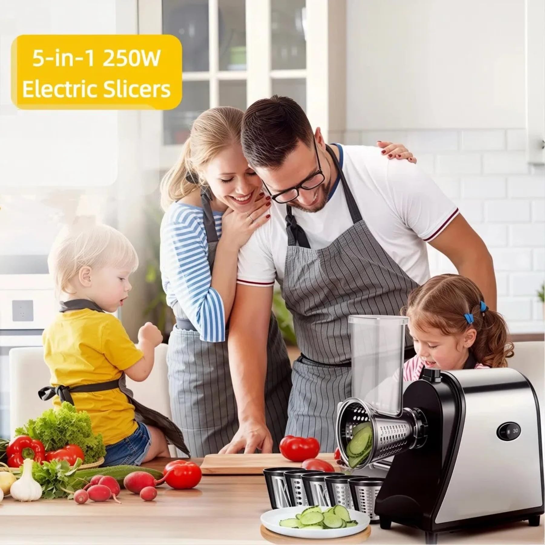 COOCHEER Elektrischer Gemüseschneider 250W mit 5 Trommeln, Edelstahl | 5-in-1Gemüsehobel Reibe für Käse, Obst & Gemüse. Spülmaschinenfest. Ideal für die schnelle und tägliche Familienküche