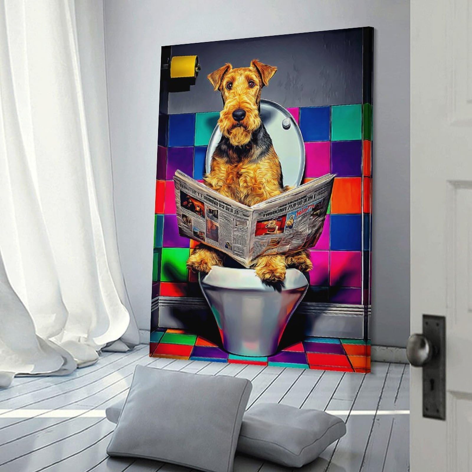 Junmoney Canvas Wall Art Dog Reading Newspaper in Toilet, 20x30inch(50x75cm), for New Homes, Bedrooms Or Workspaces, Canvas Artwork with Gifting Potential