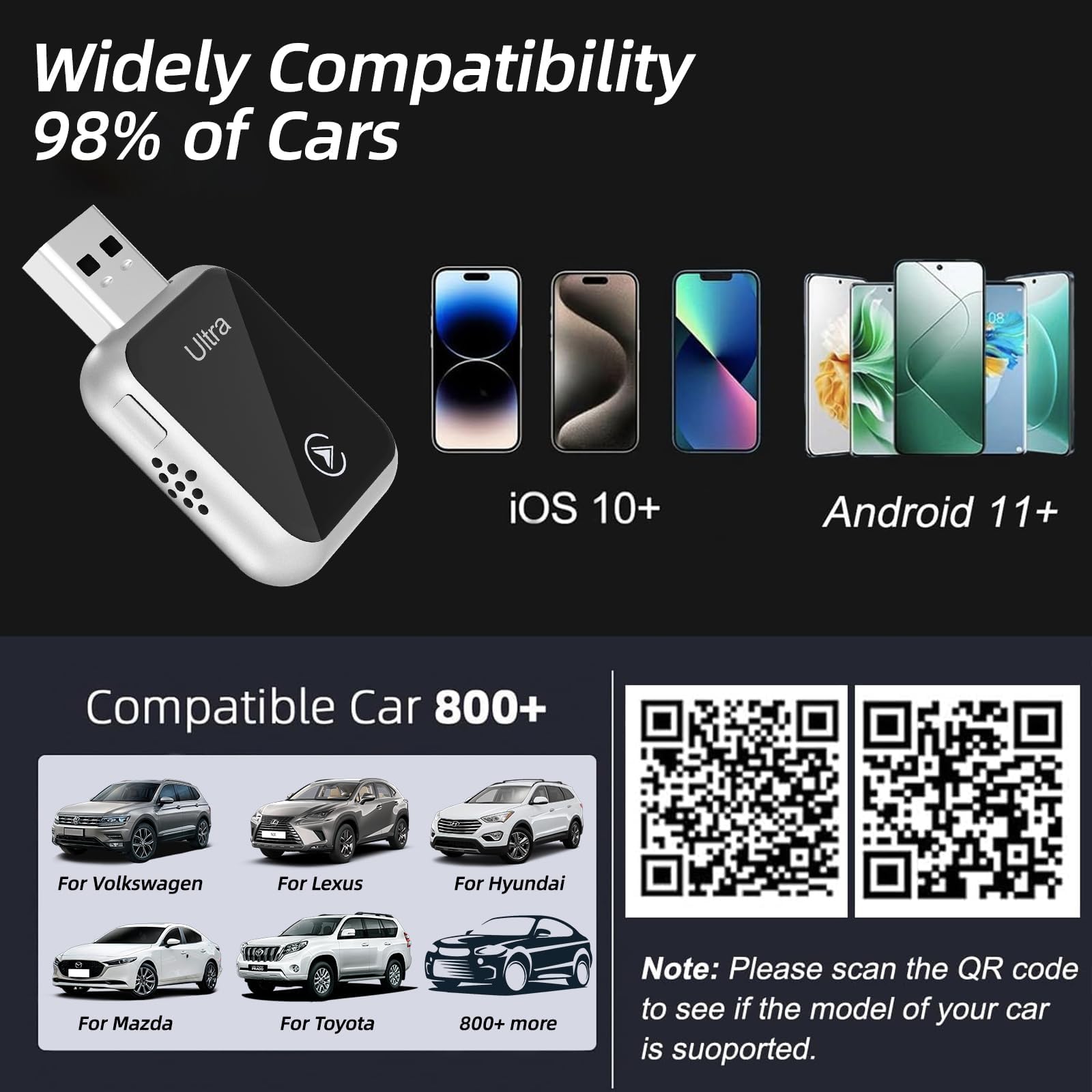 AUXIRACER Adaptateur sans Fil CarPlay, Dongle 2-en-1 Prêt À Brancher (Plug & Play) avec pour IPhone Et Android, Bluetooth 5.3 Et Double WiFi 6, Compatible avec Plus De 900 Modèles De Voitures.