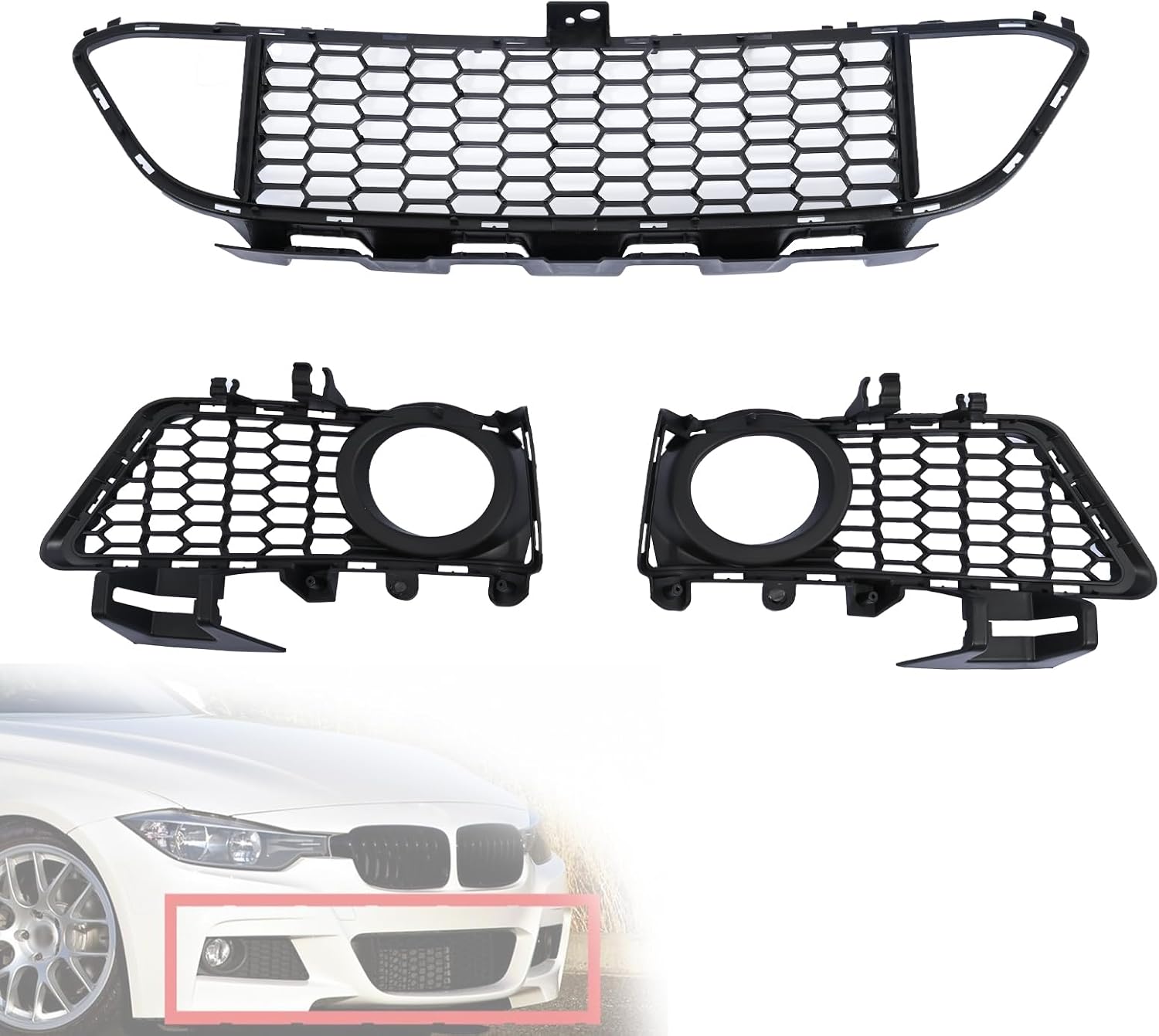 3PCS Center & Side Front Lower Hood Bumper Grille Fog Light Grille Cover Replace 51118054156 51118054155 51118068124 Fit for BMW F30 3 Series 328i 320i 328d 330e 2013-2018 Kidney Grille Grill
