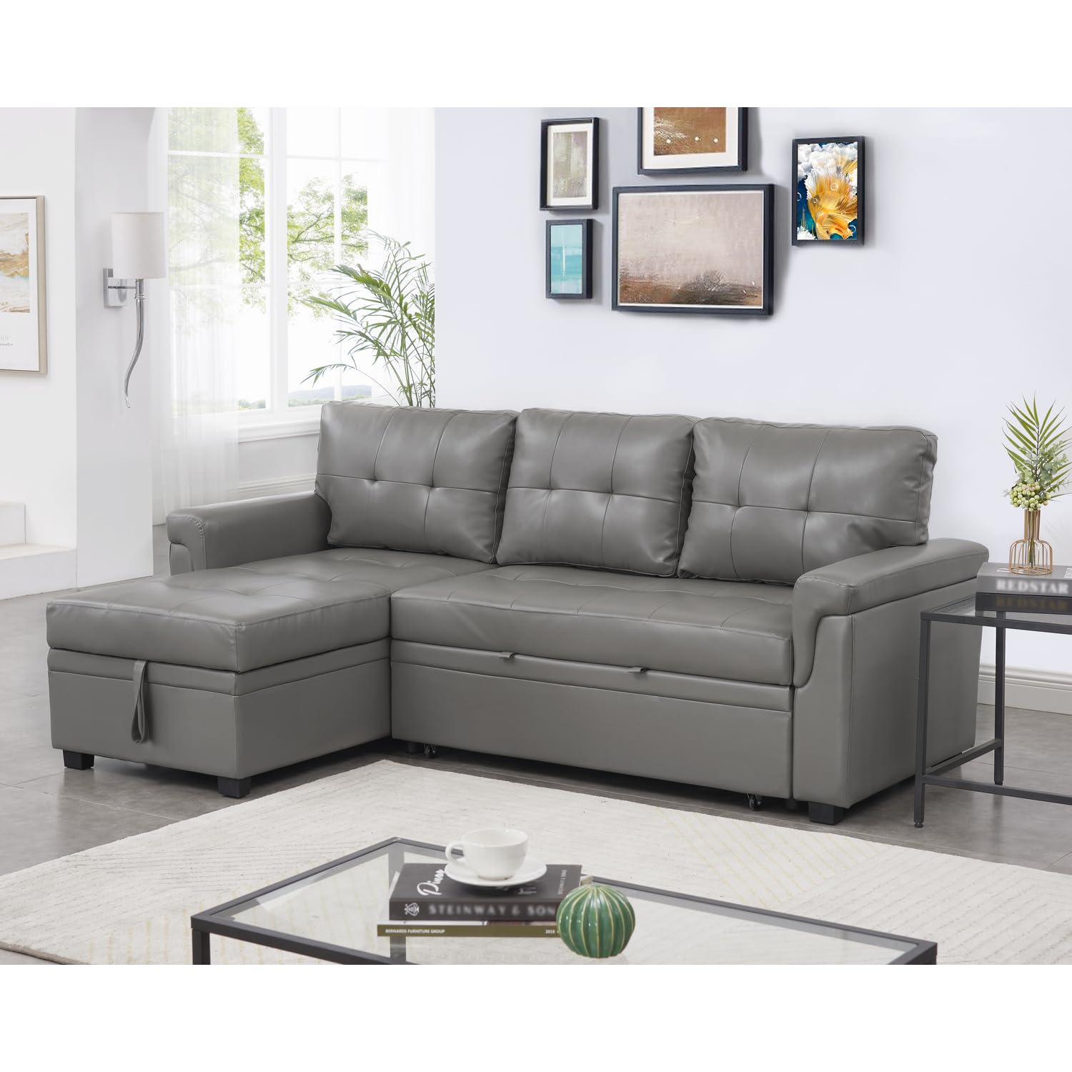 Laura Reversible Sleeper Sectional Sofa Storage Chaise Gray/Air Leather