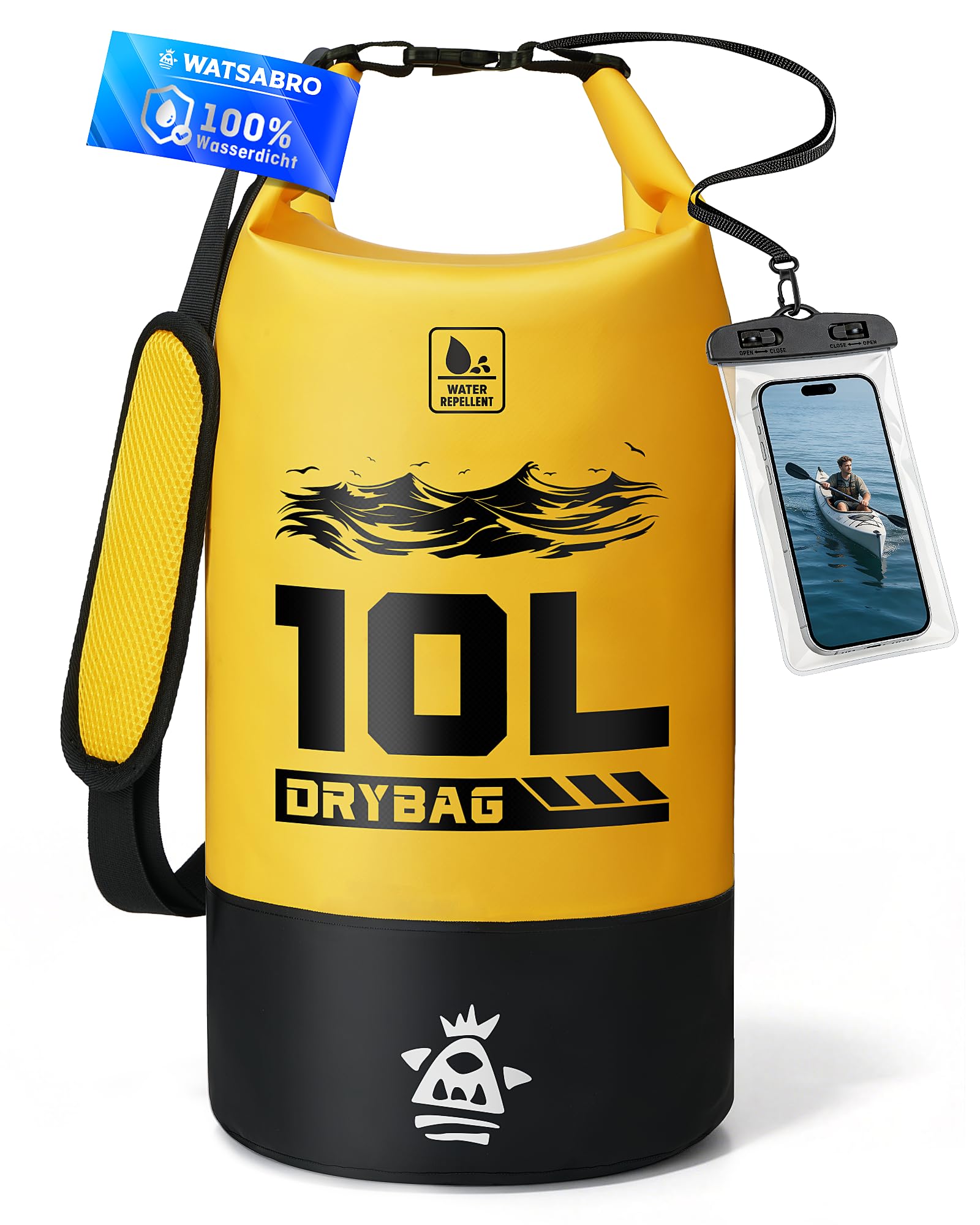 WATSABRO Dry Bag – 5L/10L/20L wasserdichte Tasche,Kratzfester Wasserdichter Rucksack, Inklusive 100% Wasserfeste Handyhülle – Ideal für Wassersportarten wie SUP, Kajak, Kanu sowie Strandurlaube