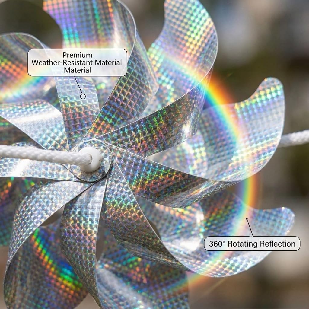 10 Meters of 8 Pieces Reflective Pinwheels Strings, Sparkly Hanging Scare Bird Deterrent Windmills, Outside Bird Repellent Wind Spinners Deterrent Birds Away from Yard Garden Patio Farm
