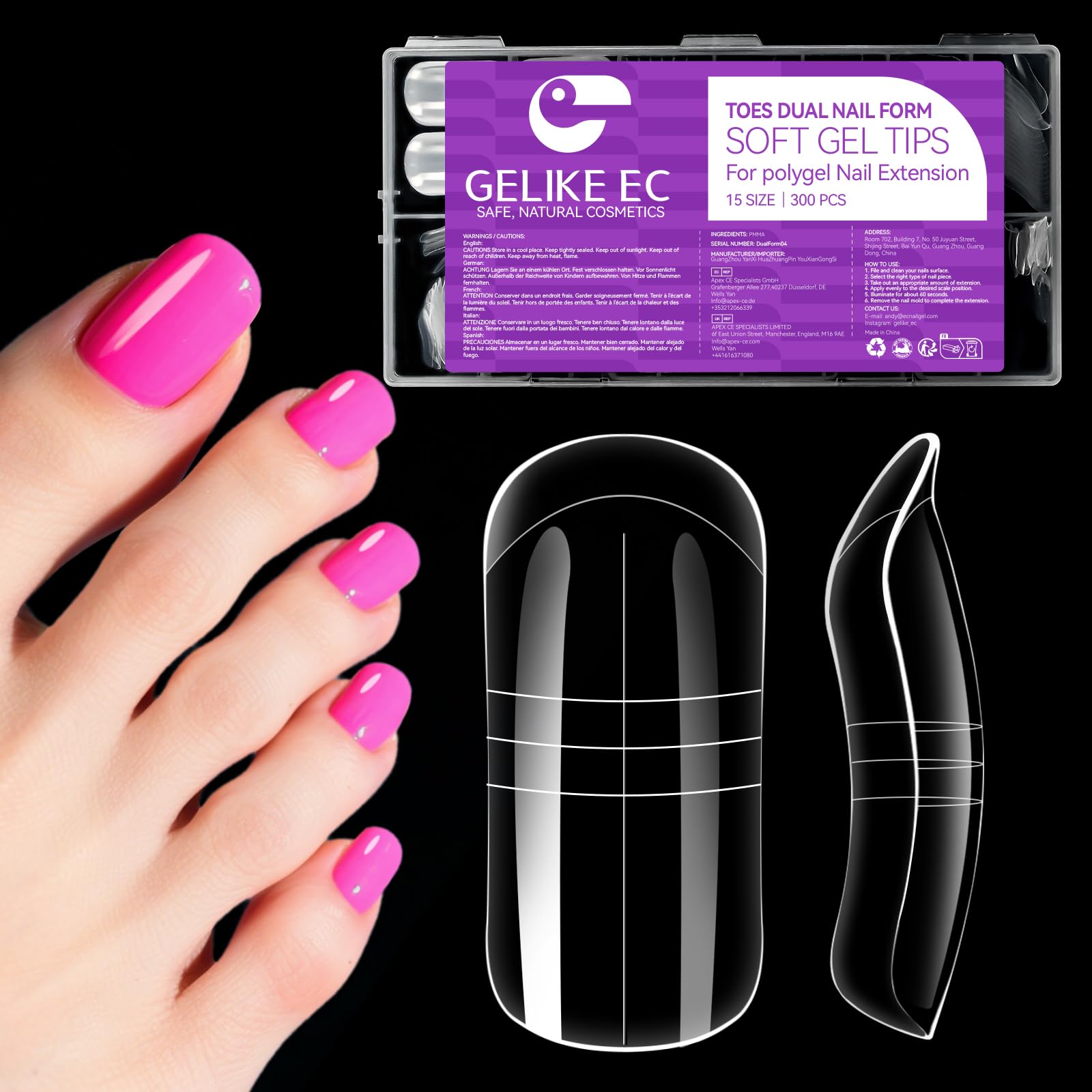 Gelike ec 300Stück Dual Nagelformen für Zehen: Nagelverlängerung Zehen Dual Nail Forms Zehennägel Set für Polygel Extension Maniküre Nagelkunst Design Salon DIY 15Größen