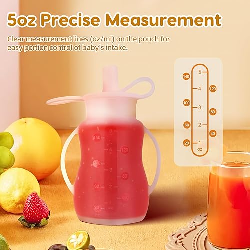 Miniatura 3 de Bolsas reutilizables de silicona para niños pequeños, paquete de 4 bolsas reutilizables para alimentos para bebés con pajitas, bolsas de comida para