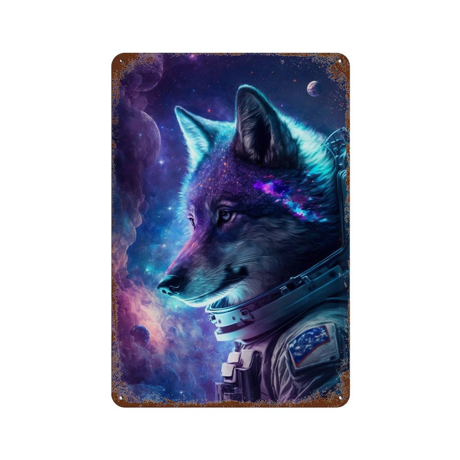 Cosmic Wolf Astronaut Art Print-2 Retro Metal Sign 11.8"x7.9", Novelty Wall Decor for Farmhouse, Kitchen And Entryway Decor