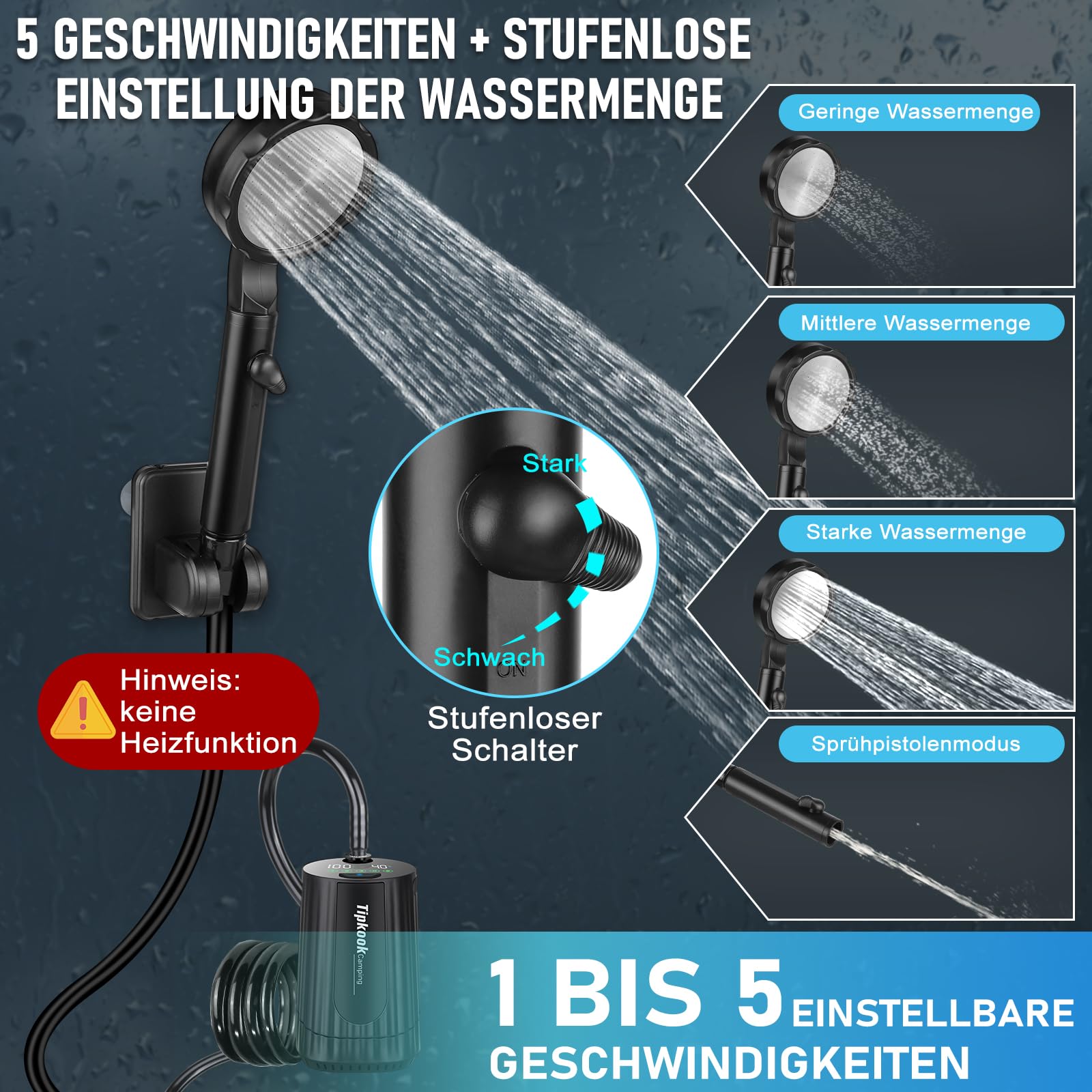Campingdusche mit Pumpe, Campingdusche Tragbare wiederaufladbarem 10000mAh, intelligenter Digitalanzeige, Camping Dusche mit Duschkopf und Schlauch, für Garten Reisen Haustierwäsch Autowäsche