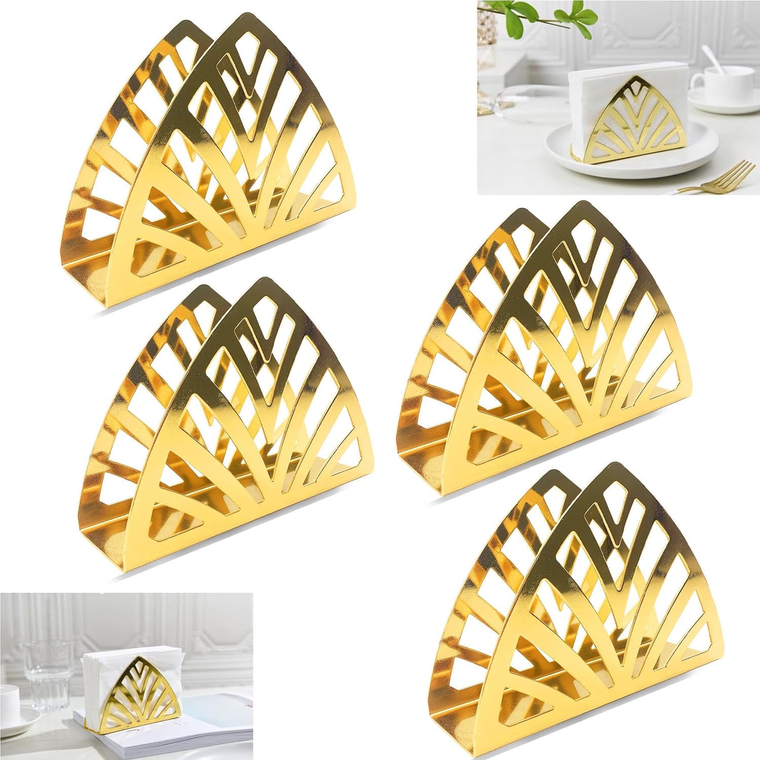 Servilletero, servilletero de metal dorado, paquete de 4 dispensadores de pañuelos triangulares Simplicity de acero inoxidable para encimeras de cocina, mesas de comedor, dorado