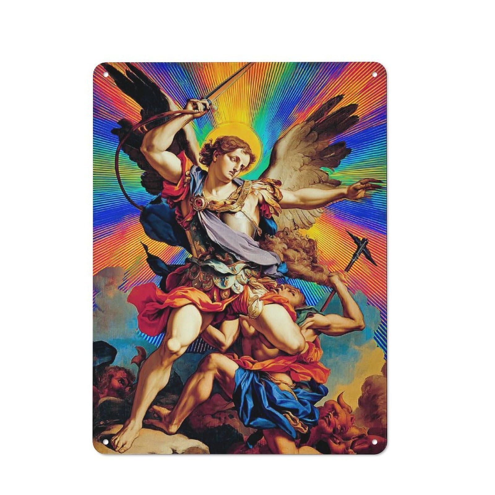 Junmoney Archangel Michael Slays Satan Country Metal Sign With Design 40X30cm, Farmhouse Farmhouse Wall Decor For Kitchen, Cottage, Porch Or Garden Room