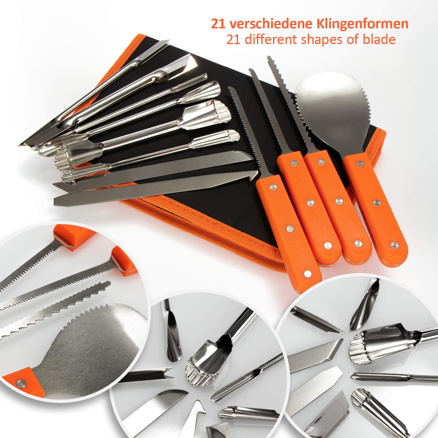COM-FOUR® 12-czesciowy zestaw do rzezbienia w dyni - narzedzia tnace do wydrazania dyn - nóz, lyzka i akcesoria do rzezbienia w torbie Premium (Torba + 12 sztuk - pomaranczowa)