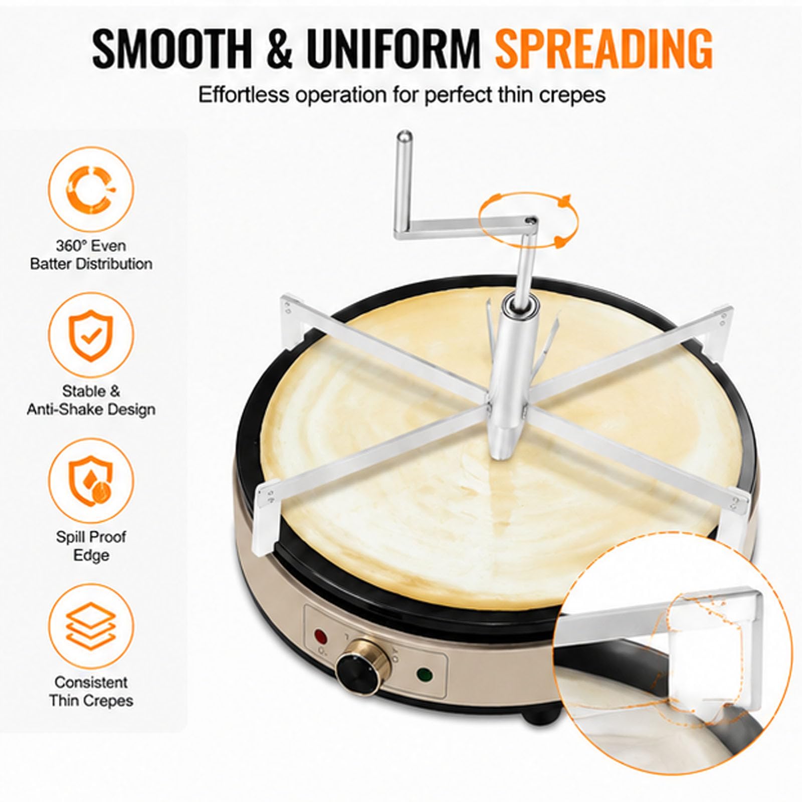 Espátula para crepes de 40 cm, de acero inoxidable, para extender la masa de crepes y tortitas, antiadherente, ideal para preparar masa de pizza y tortitas. Para uso doméstico y profesional.