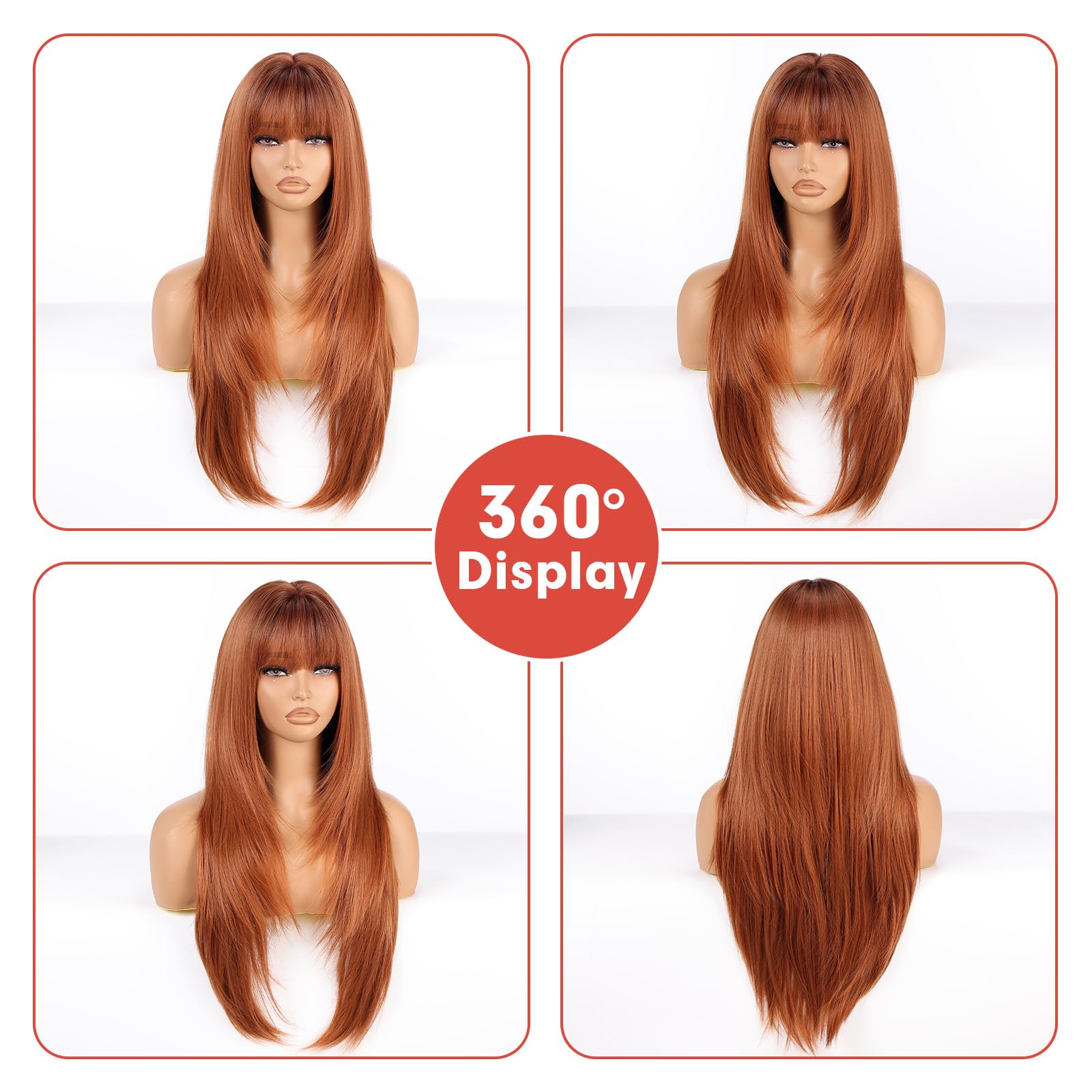 Allbell pelucas pelirrojas para mujeres, peluca larga recta en capas con flequillo de 26 pulgadas, peluca de aspecto natural, fibra sintética resistente al calor para uso diario y fiestas