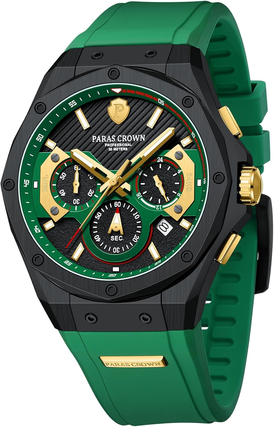 Paras Crown Mens Watches Fashion Luxury 50M Waterproof Chronograph Wrist Watches for Men with Silicone Strap Stainless Steel Case