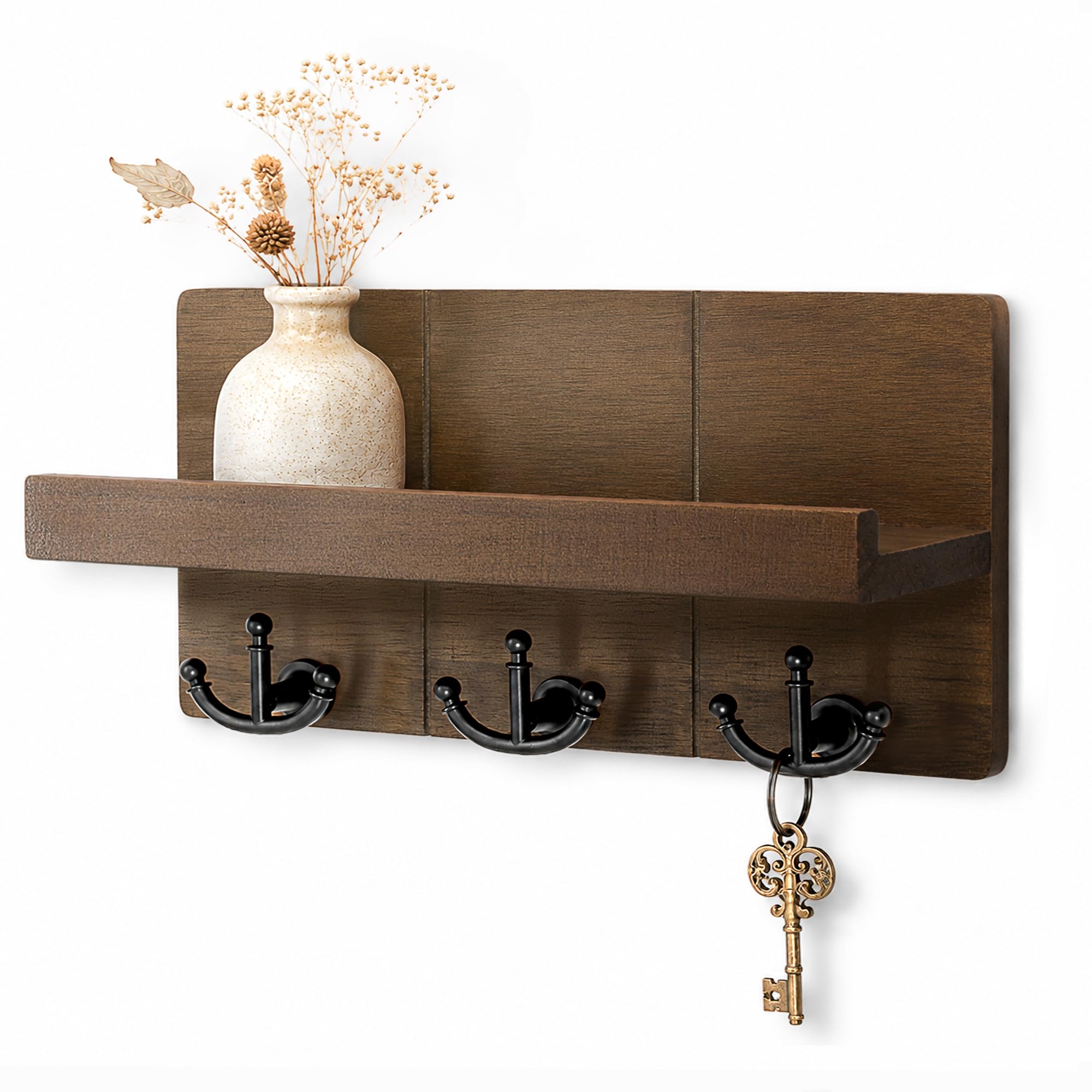 Rebee Vision Brown Farmhouse Key Holder For Wall With Shelf: Decorative Mail Organizer And Key Rack Wall Mount With 3 Anchor Hooks - Rustic Entryway Decor (Retro )