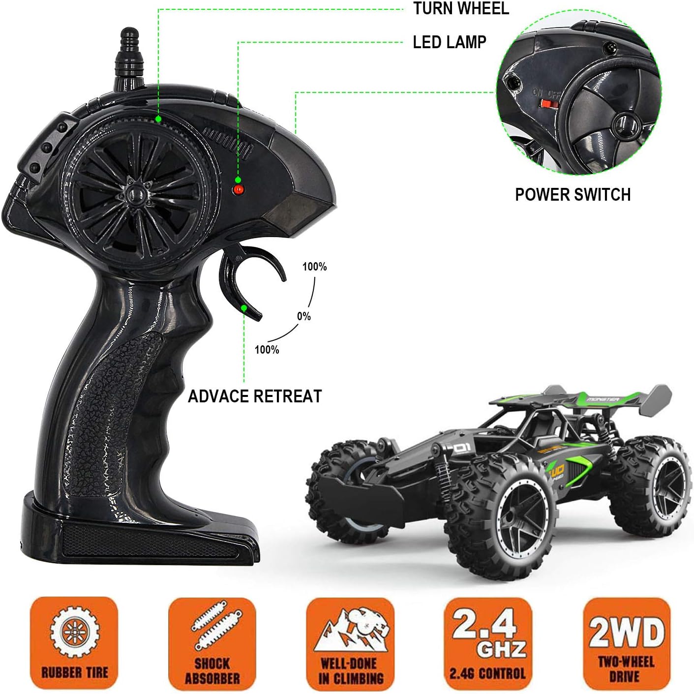 Remote Control Car, RC Cars for boys age 8-12, Toys Cars for boys age 4-7, 1:18 2.4Ghz Monster RC Truck Toys for Girls, Off Road RC Crawler Christmas Stocking Stuffers Gifts for Kids(Black green)