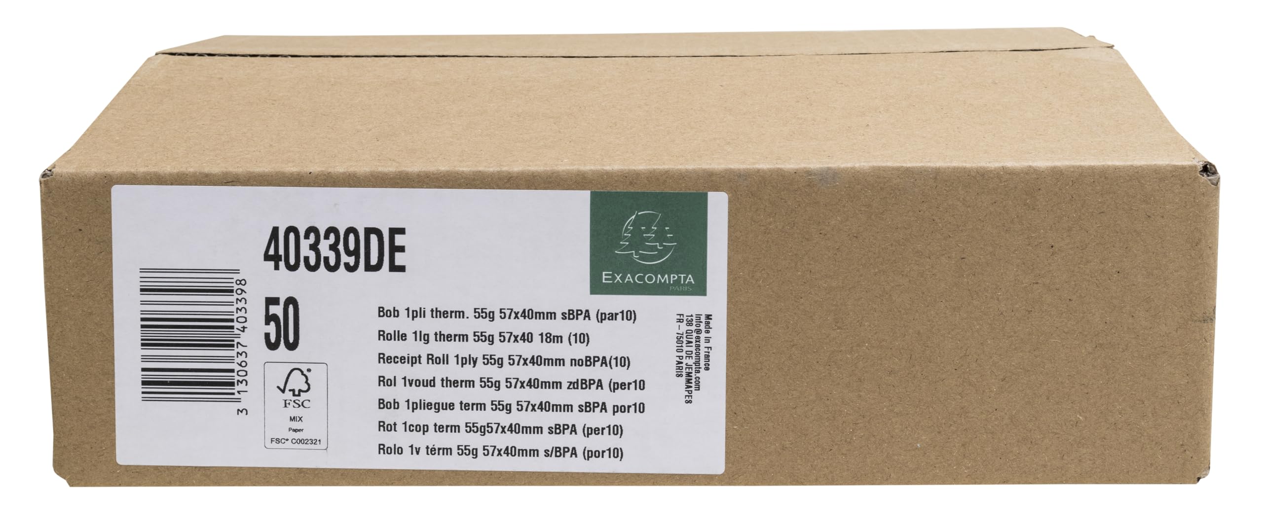 Exacompta 40339DE 50er Pack Thermorollen EC-Cash Geräte, 1-lagig, Breite: 57mm, Länge 18m, Durchmesser Kern: 12mm SEPA Lastschrifttext auf der Rückseite(deutsch) 55g/m² extra-BPA frei