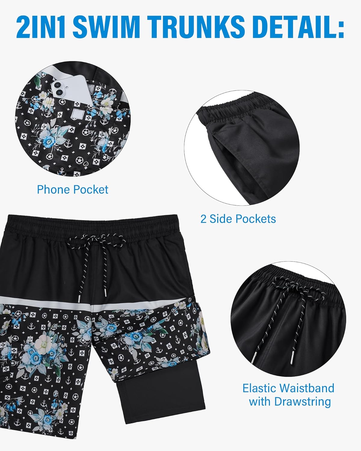 9inch Mens Swim Trunks: 2 in 1 with Compression Liner Stretch Quick Dry Drawstring Shark Pockets Beach Pool Vacation - Image 4