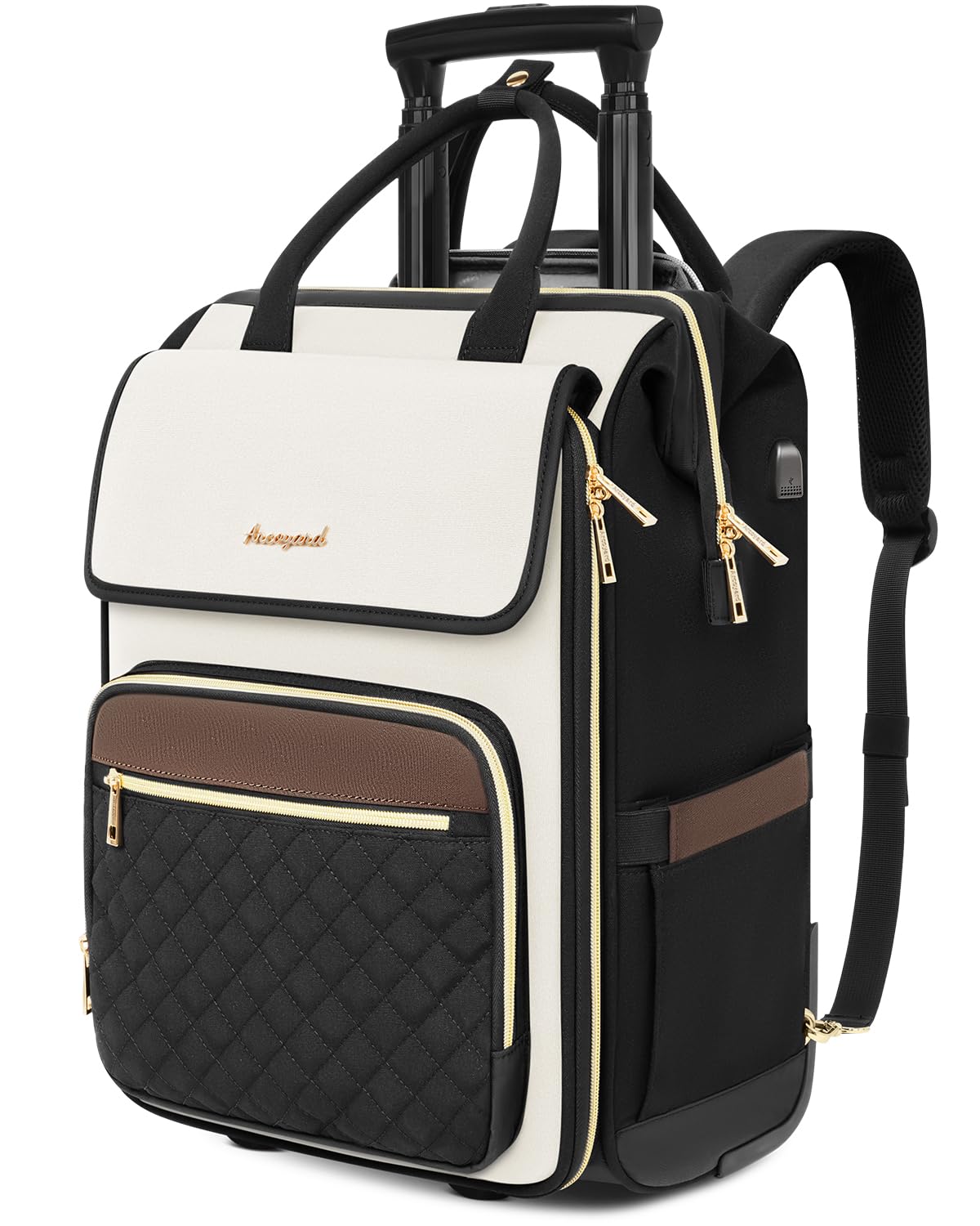 Rolling Backpack for Women, Travel Rolling Laptop Backpack with Wheels, Vertical & Horizontal Storage 2 In 1, Flip-Top Design, Water-Resistant Overnight College Underseat Carry on Luggage, Beige Brown