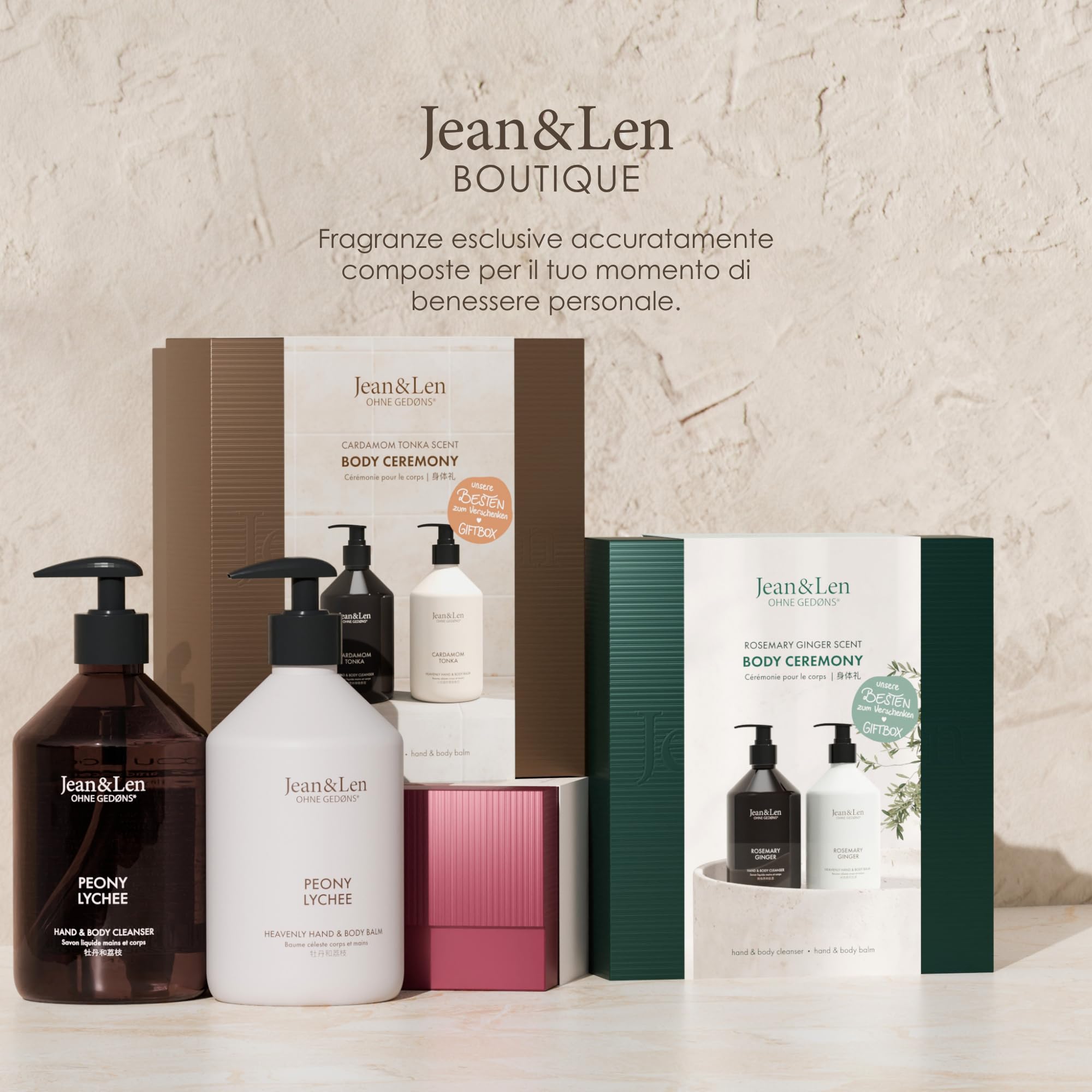 Jean & Len Body Ceremony Cardamom & Tonka, con mano & Body Cleanser e balsamo per mano e corpo, confezione regalo di alta qualità, profumo delicato e speziato, confezione certificata FSC, set regalo