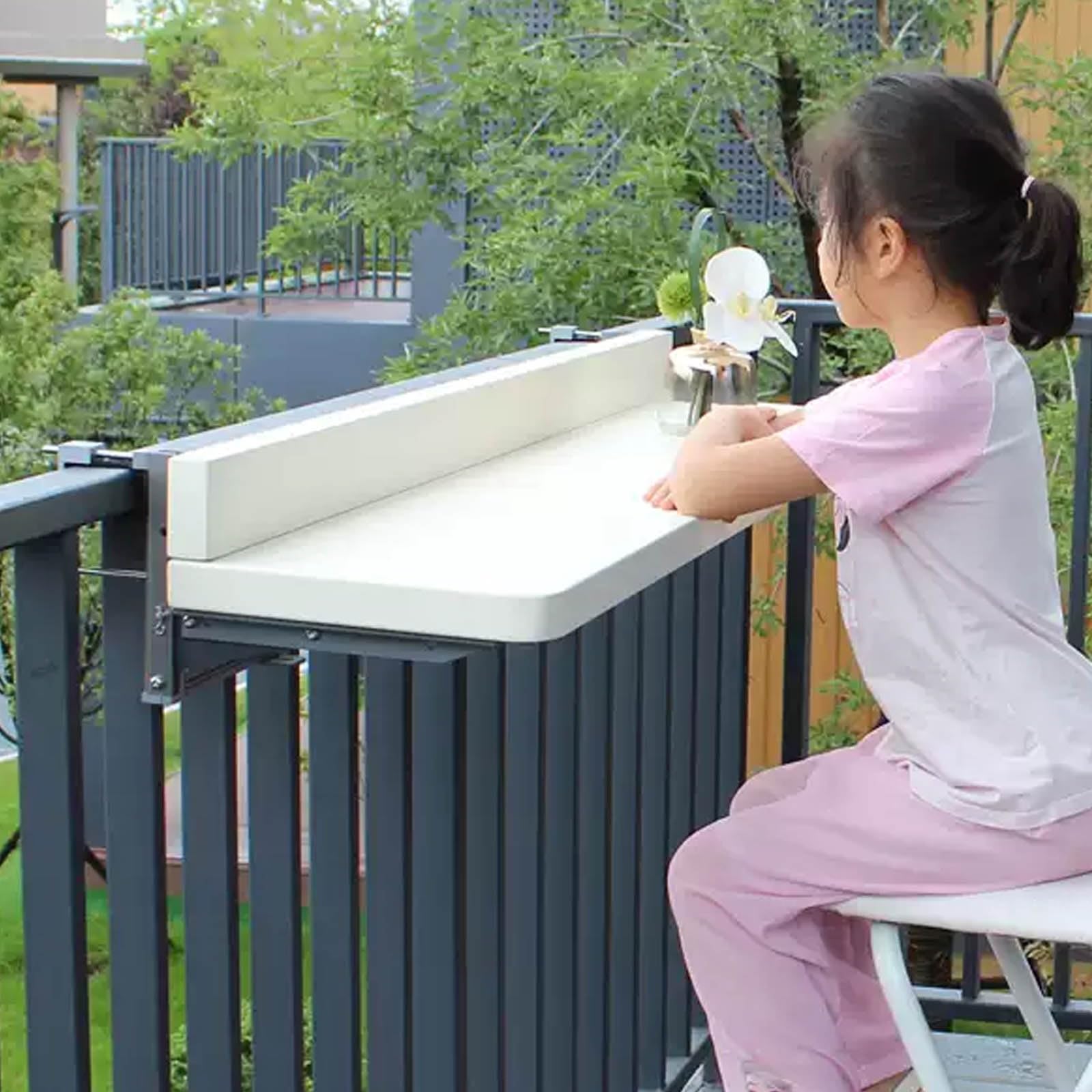 Juyphexlon Outdoor Side Tables Rail Hanging Outdoor Folding Balcony Shelf 32 40in Folding Deck Table 5 Height Adjustable Space Saving Floating Better