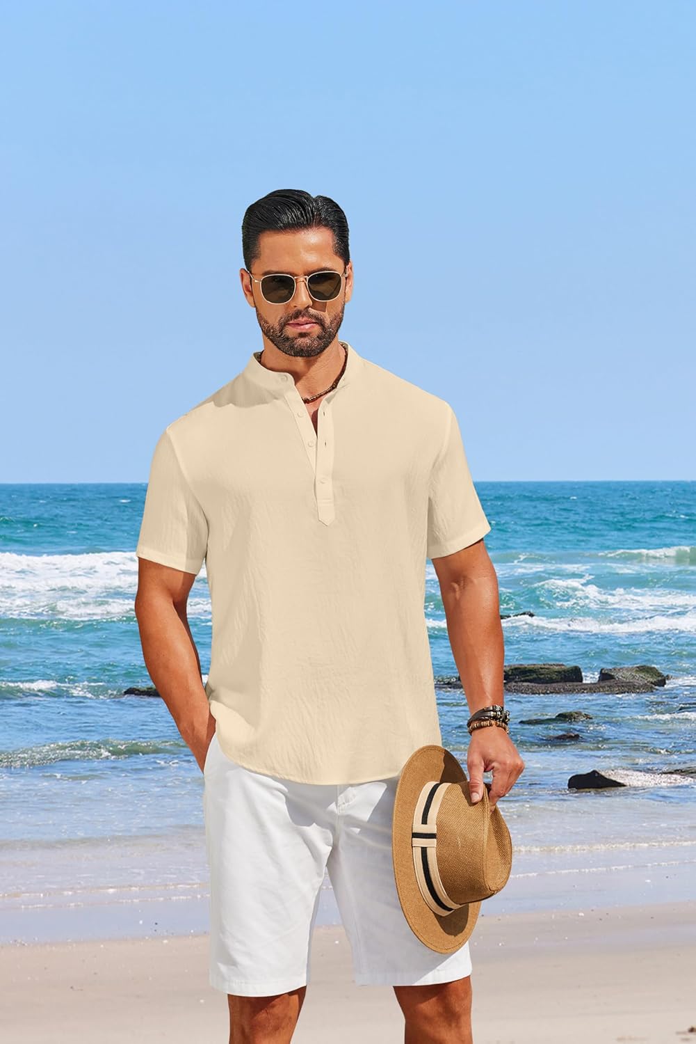 COOFANDY Men's Casual Henley Shirt Short Sleeve Linen Shirt Band Collar Summer Hippie Beach T-Shirts - Image 4